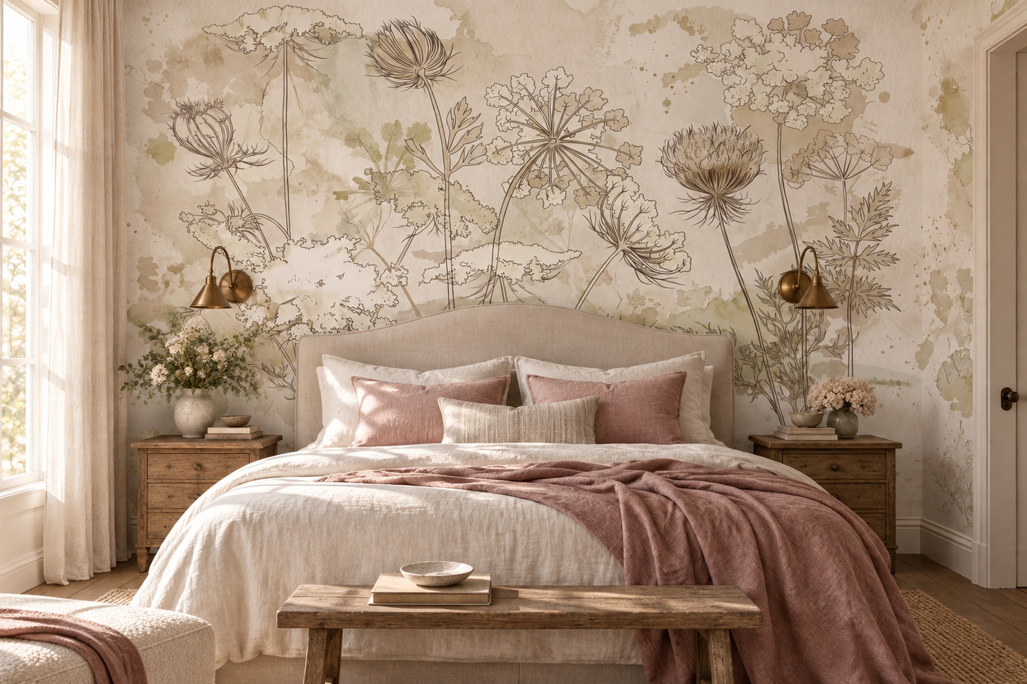 Beige Botanical Botanical Layered Wallpaper Mural Bedroom-wallpaper-murals, Peel-and-stick Finish