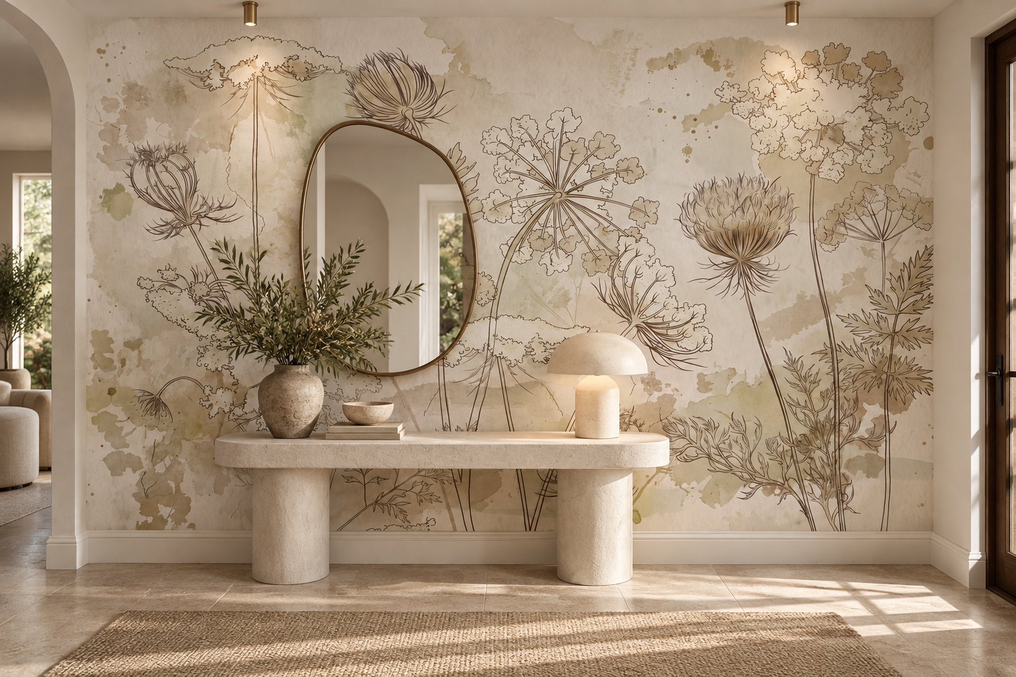 Beige Botanical Botanical Layered Wallpaper Mural Bathroom-wallpaper-murals, Peel-and-stick Finish