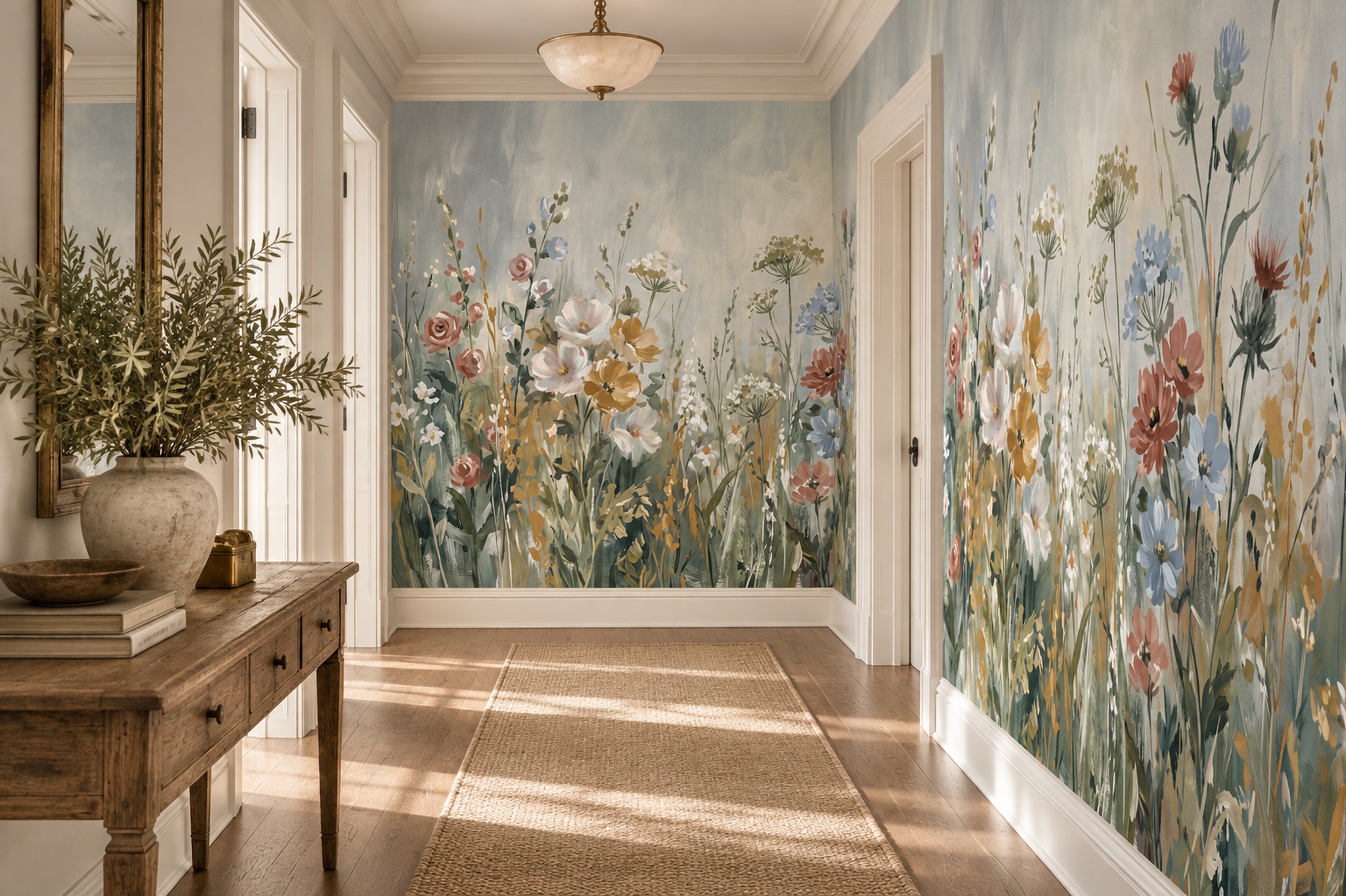 Sage Meadow Scenic Painterly Wallpaper Mural Hallway-wallpaper-murals, Peel-and-stick Finish