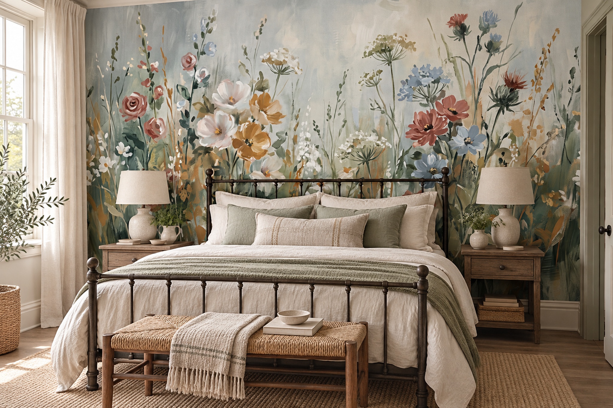 Sage Meadow With Painterly Wildflowers Wallpaper Mural — Installed Wallpaper Mural In A Bedroom, Peel-and-stick Finish