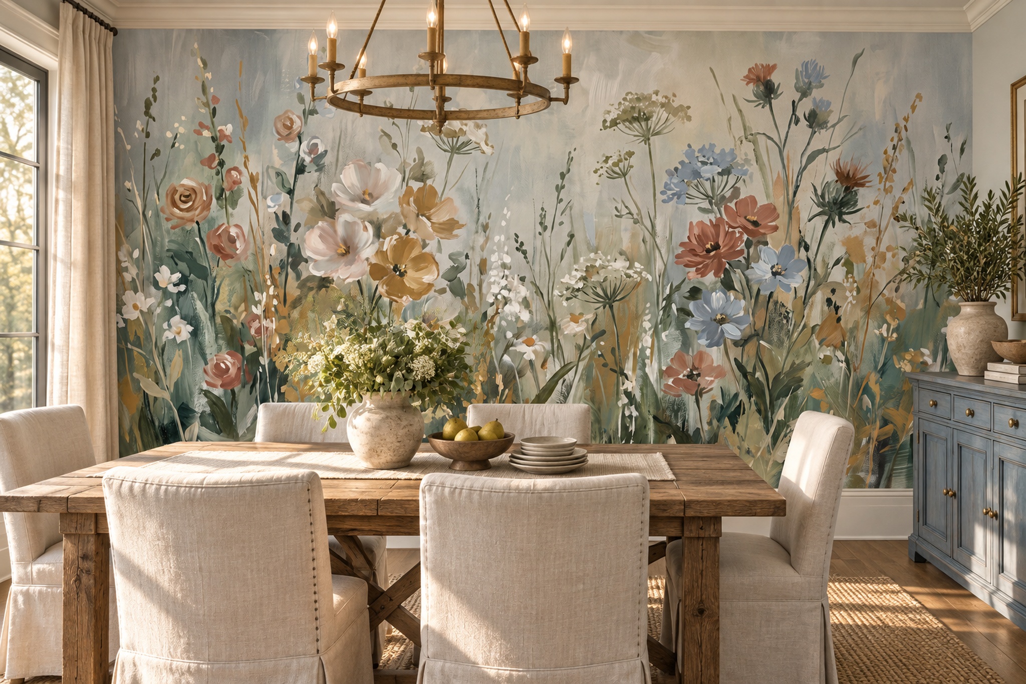 Sage Meadow Scenic Painterly Wallpaper Mural Bedroom-wallpaper-murals, Peel-and-stick Finish