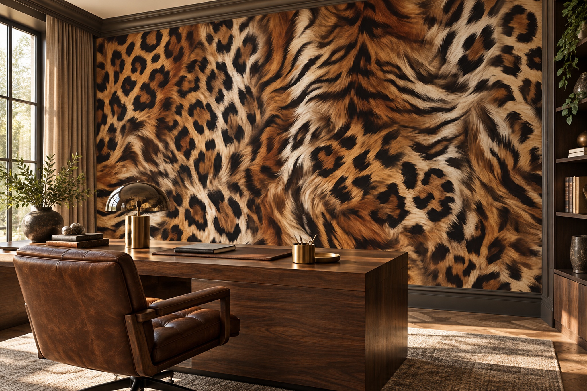 Brown Leopard Wallpaper Mural, Shown In A Home Office, Peel-and-stick Finish