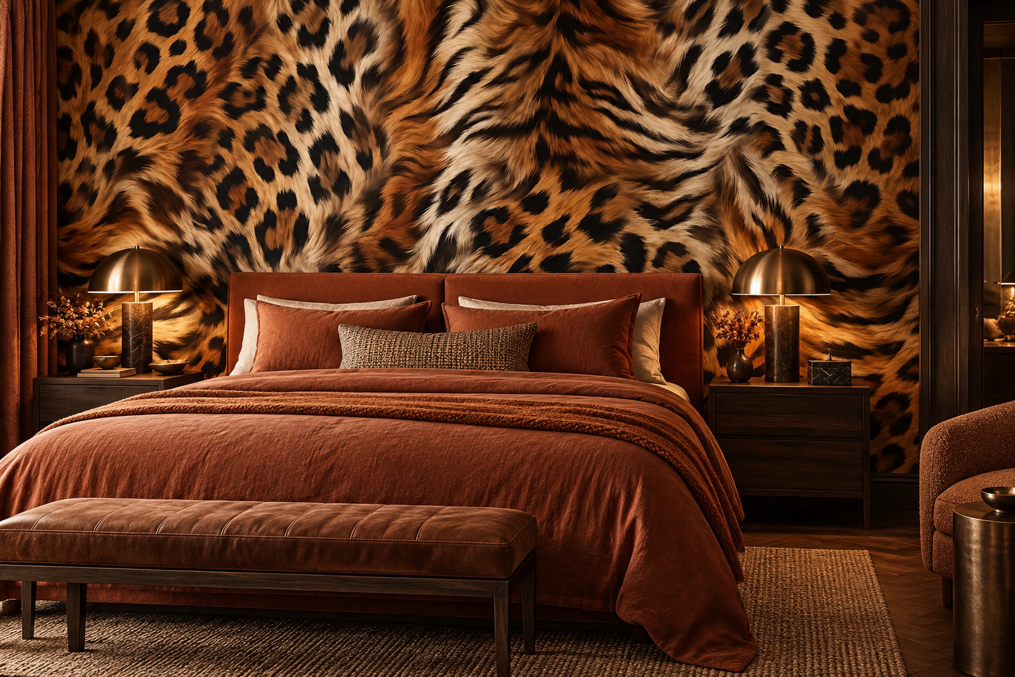 Brown Leopard Wallpaper Mural, Shown In A Bedroom, Peel-and-stick Finish