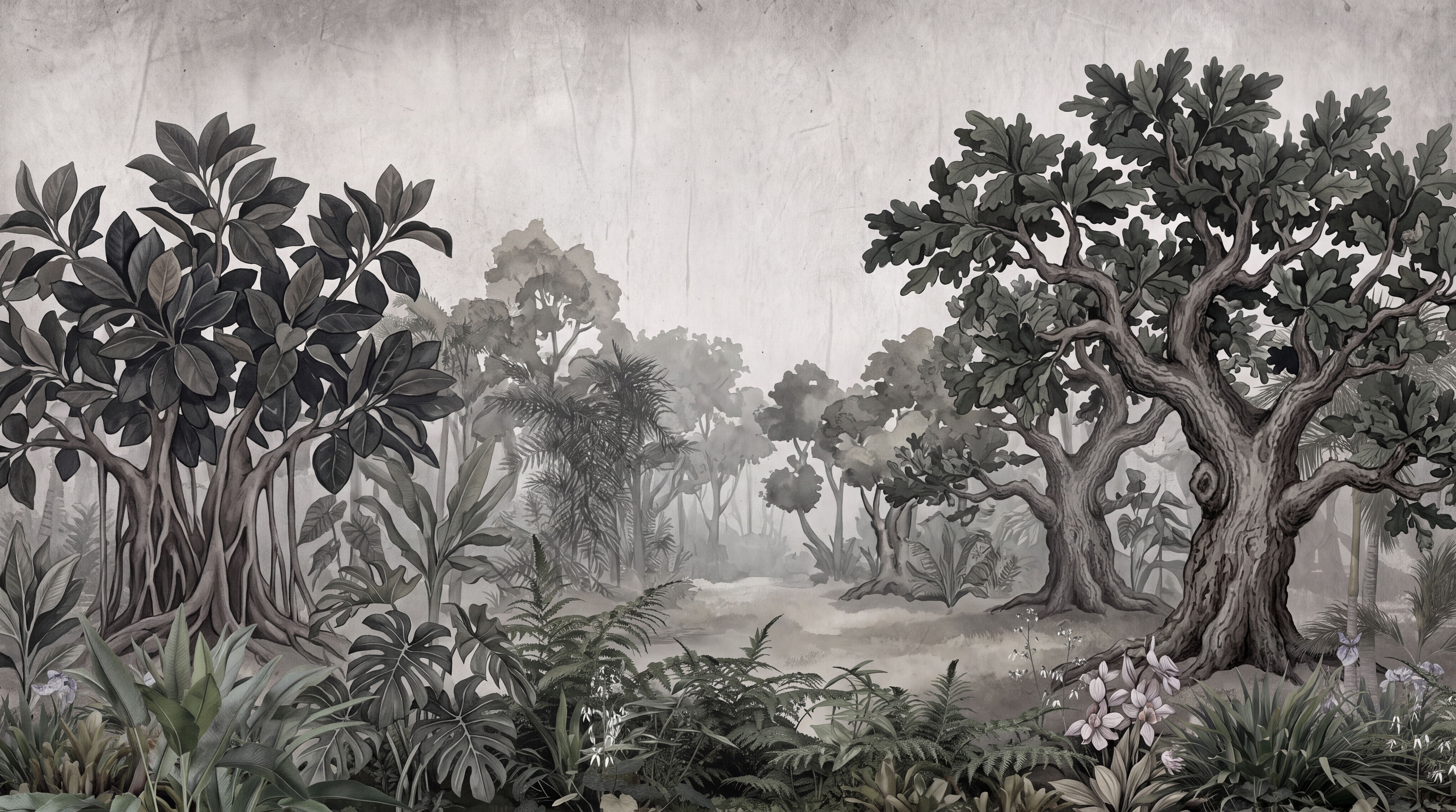 Grey Jungle Scenic Decorative Wallpaper Mural, Peel-and-stick Finish