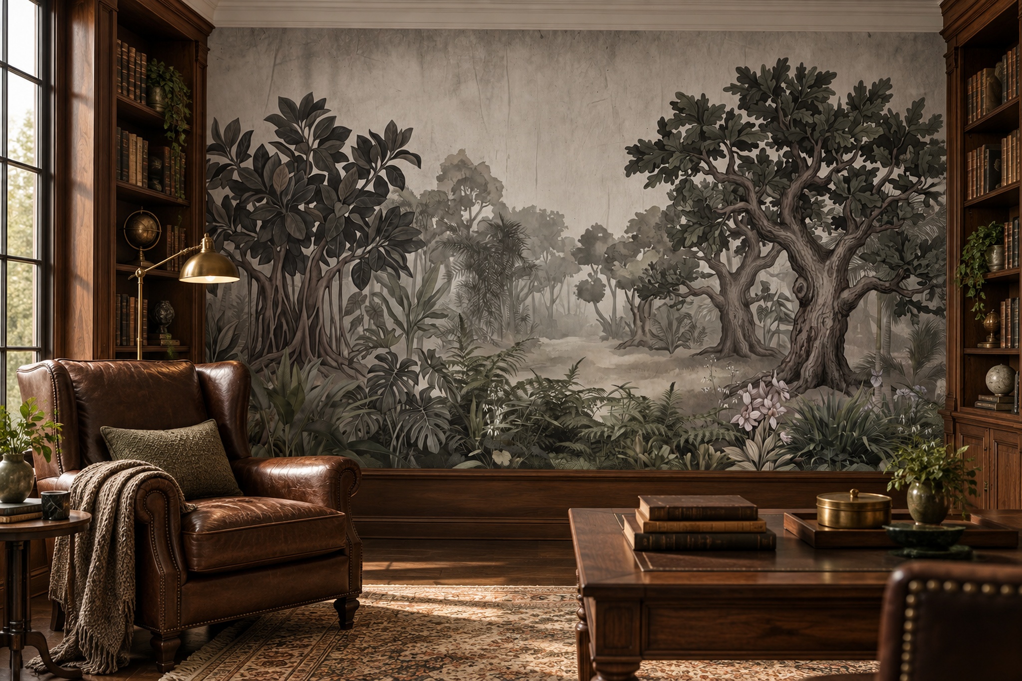 Grey Jungle Scenic Decorative Wallpaper Mural Home-office-wallpaper-murals, Shown In A Home Office, Peel-and-stick Finish
