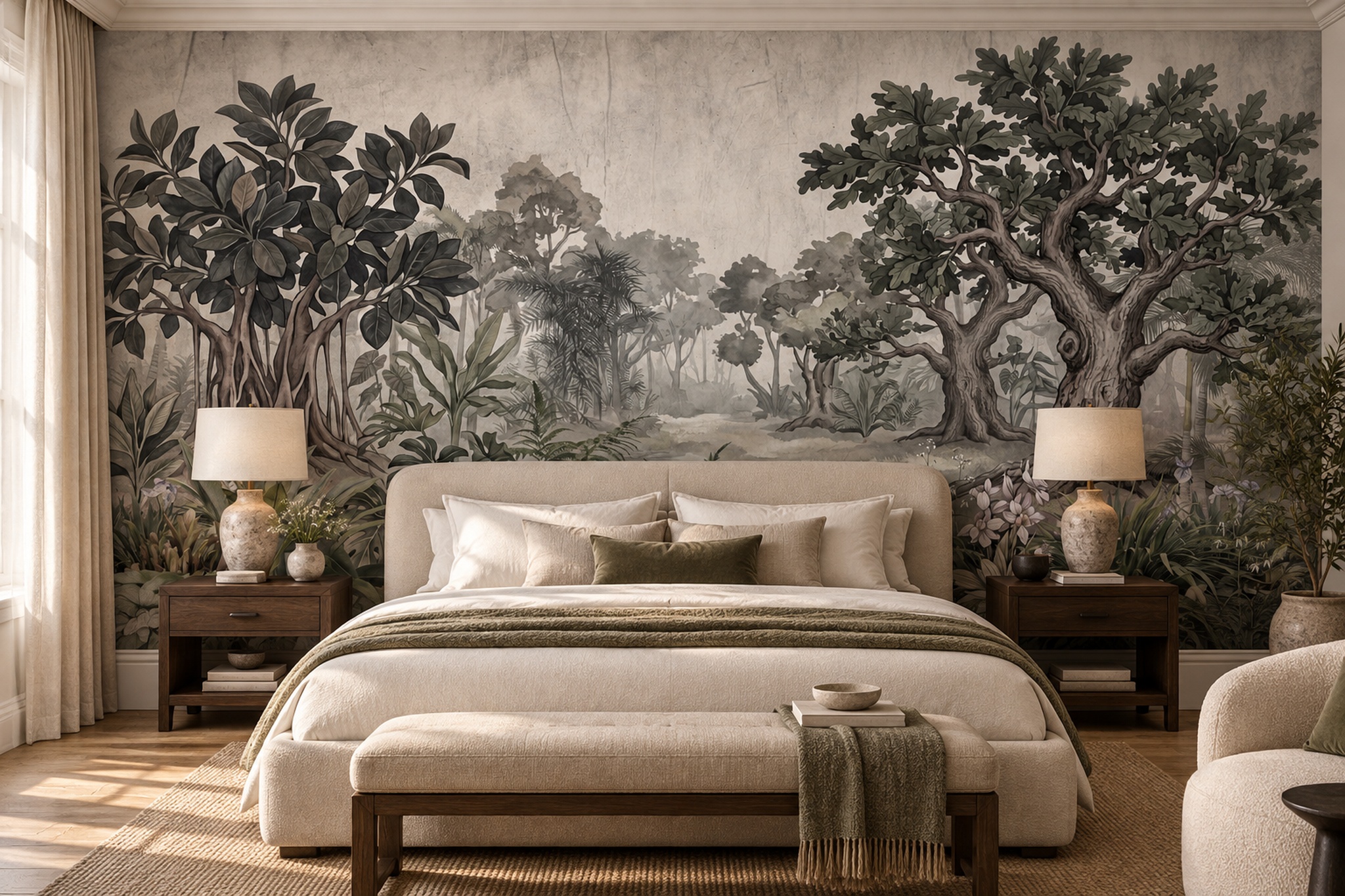 Monochrome Tropical Jungle Trees Wallpaper Mural — Installed Wallpaper Mural In A Bedroom, Peel-and-stick Finish
