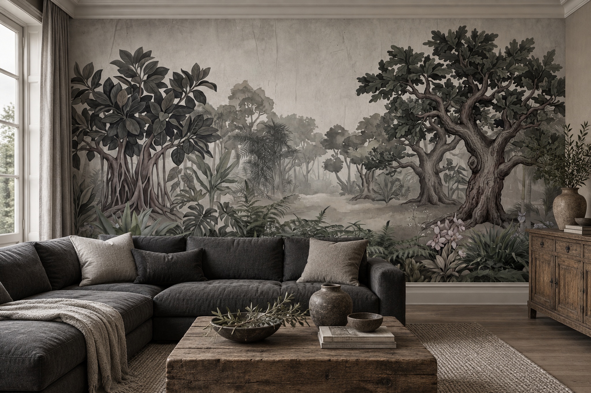 Grey Jungle Scenic Decorative Wallpaper Mural Feature-wall-wallpaper-murals, Peel-and-stick Finish