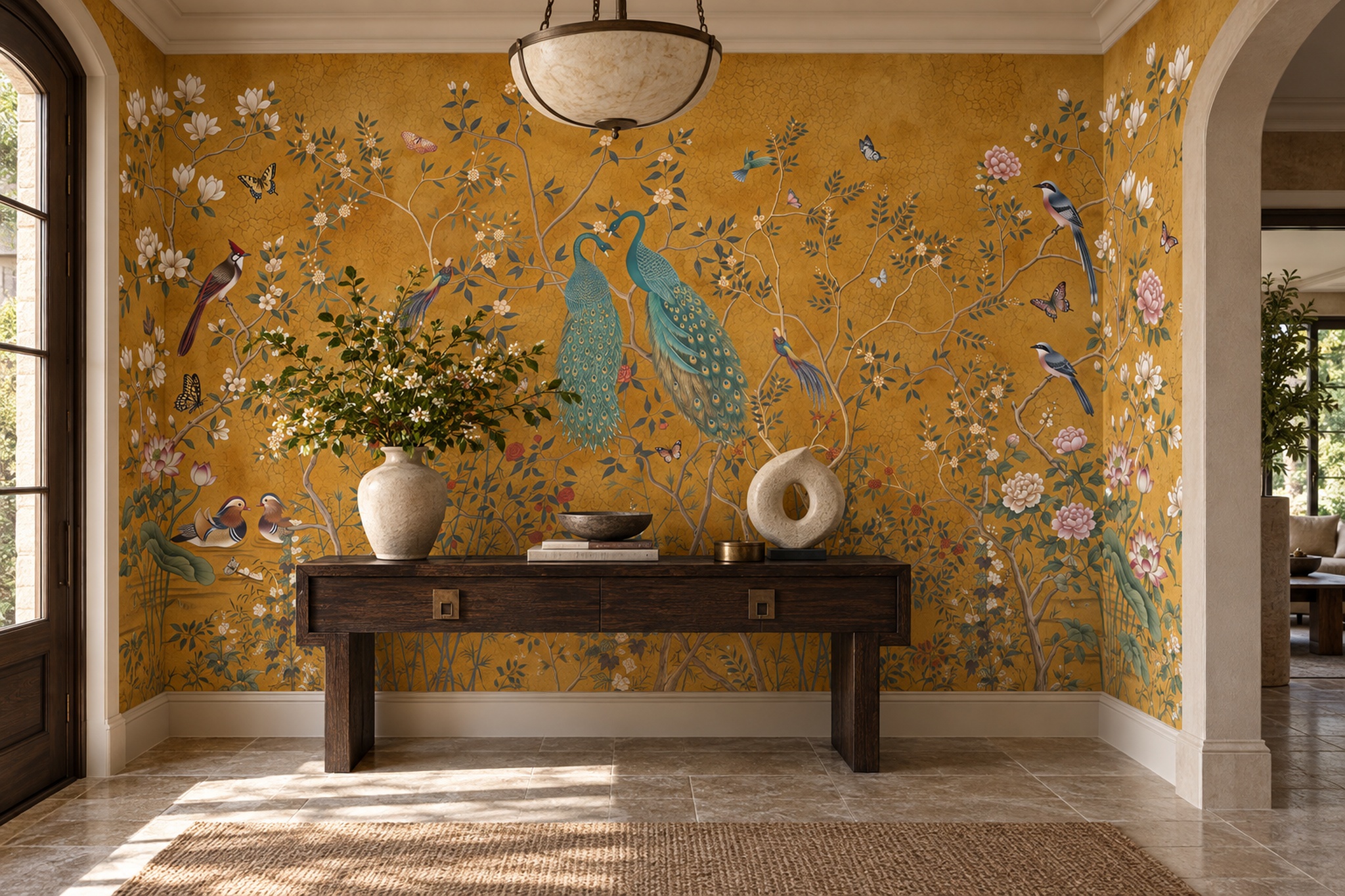 Gold Peacock Illustrated Wallpaper Mural Entryway-wallpaper-murals, Peel-and-stick Finish