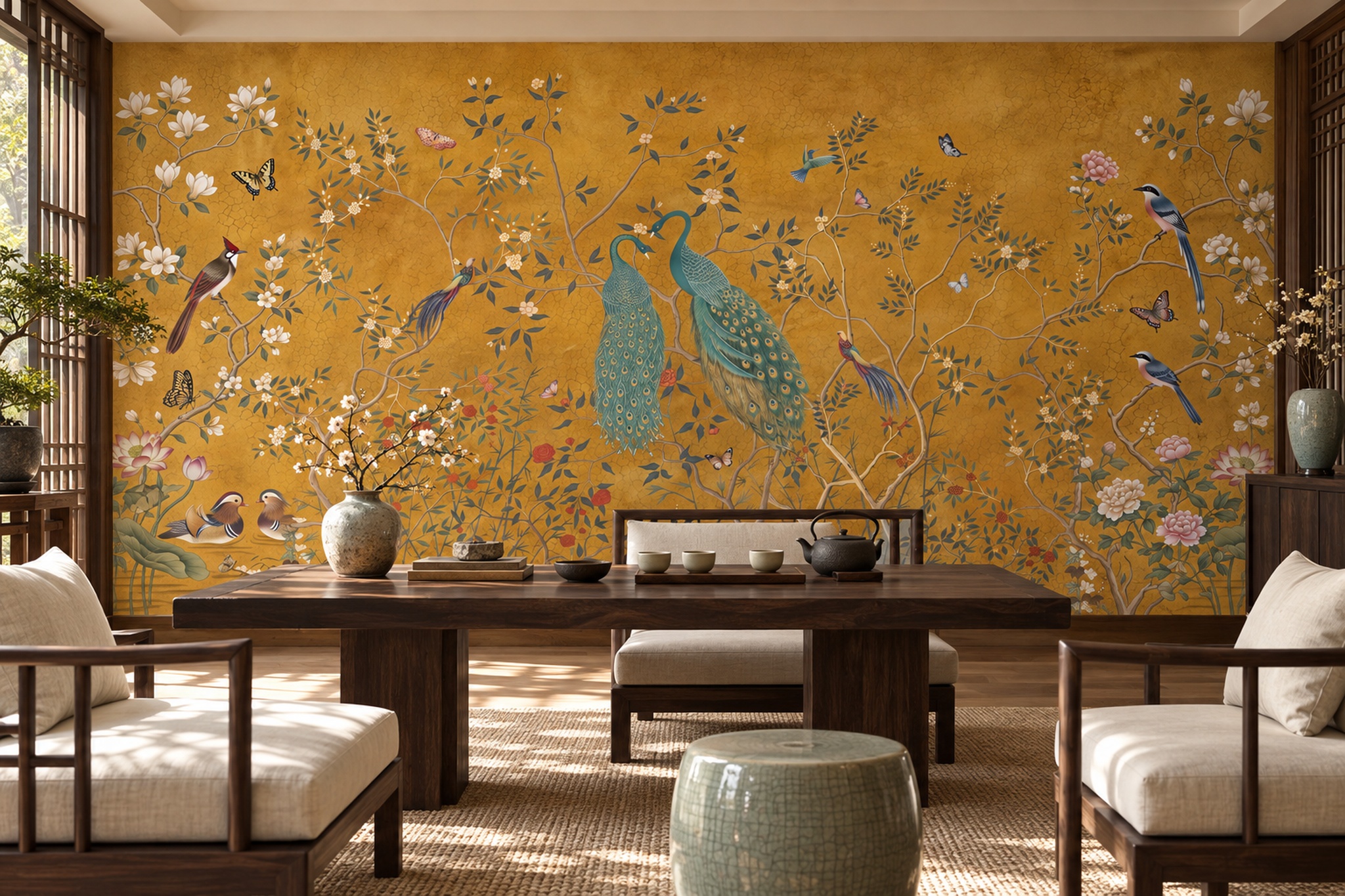 Gold Peacock Illustrated Wallpaper Mural Accent-wall-wallpaper-murals, Peel-and-stick Finish