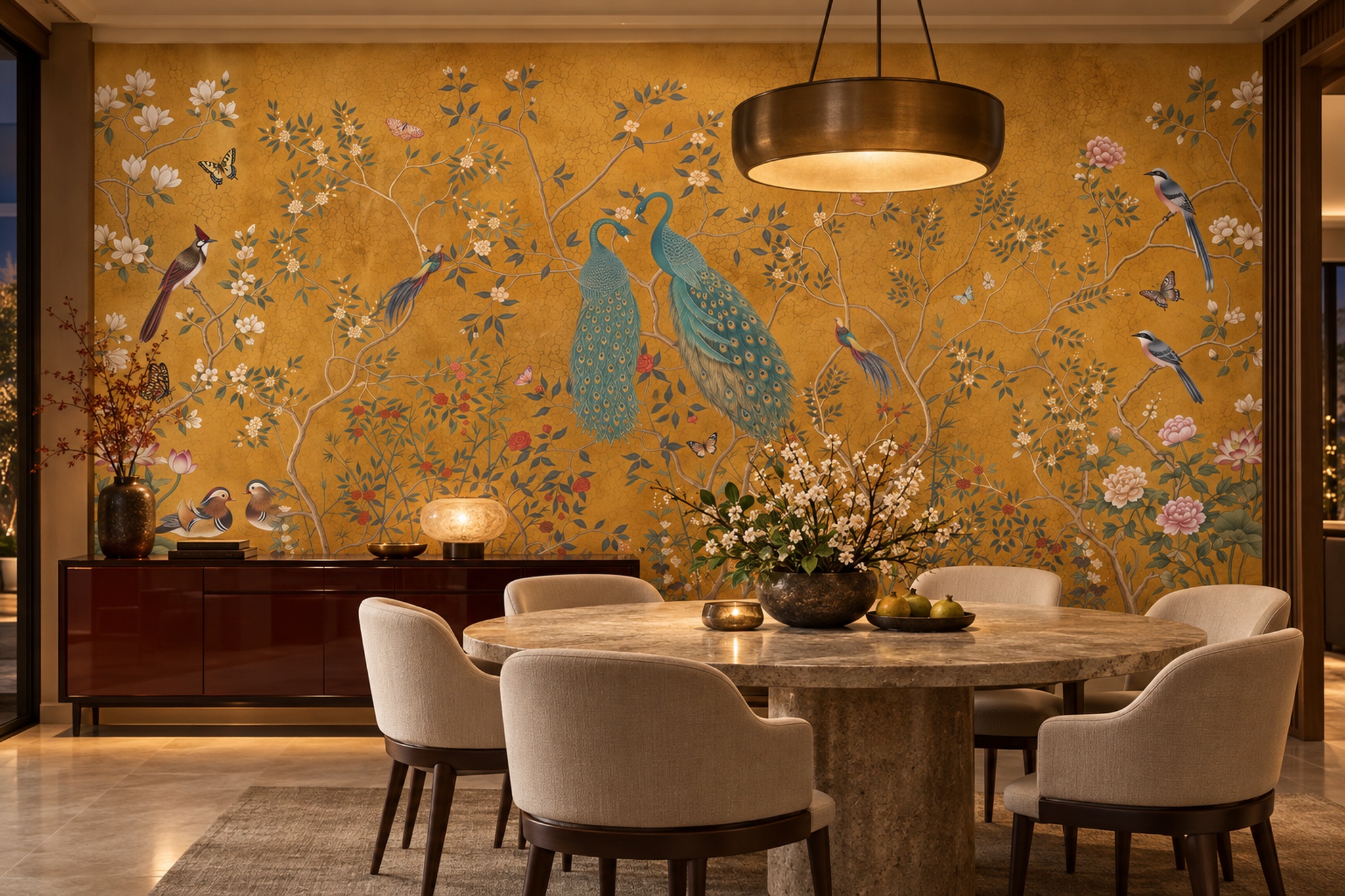 Gold Peacock Illustrated Wallpaper Mural Dining-room-wallpaper-murals, Shown In A Dining Room, Peel-and-stick Finish