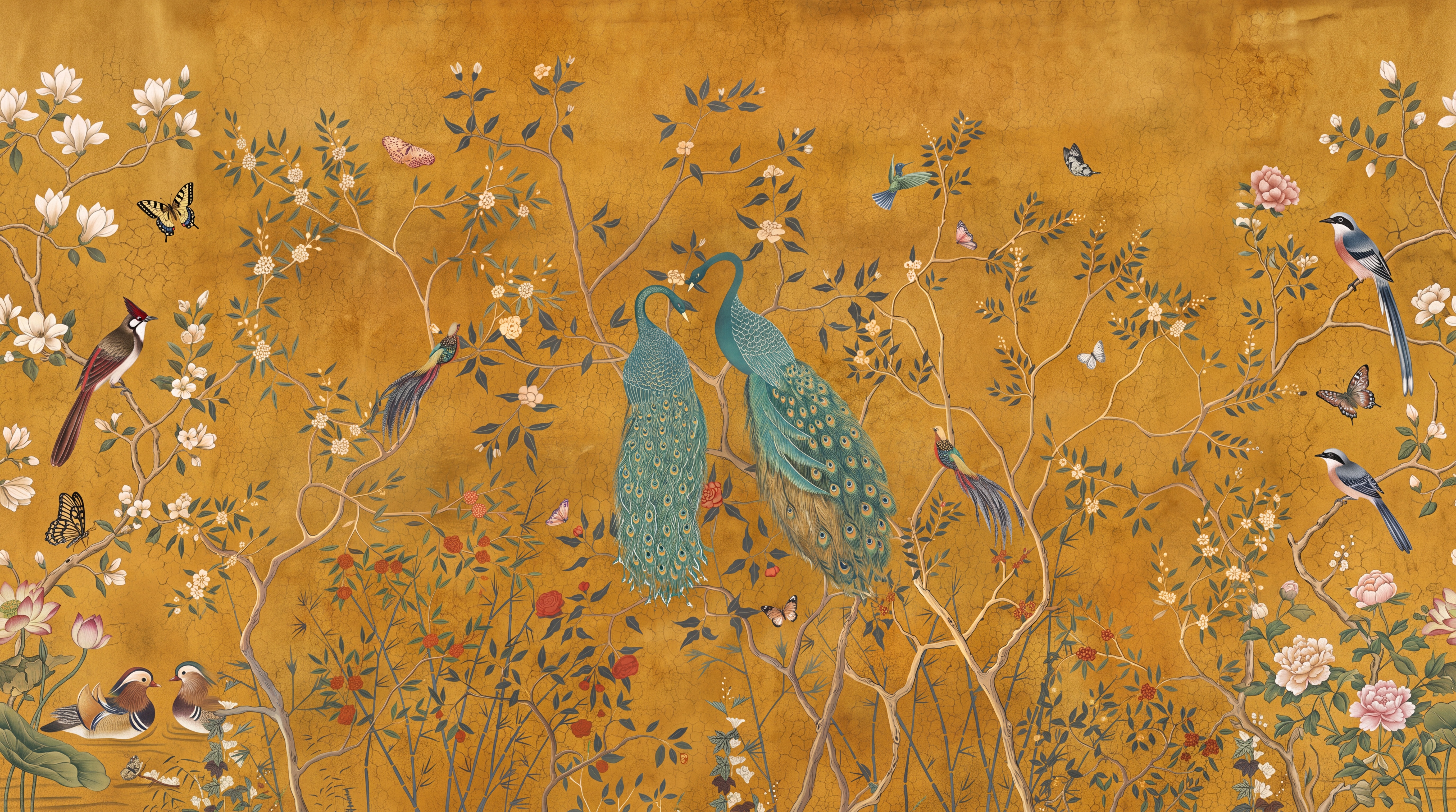 Gold Peacock Illustrated Wallpaper Mural Entryway-wallpaper-murals, Peel-and-stick Finish
