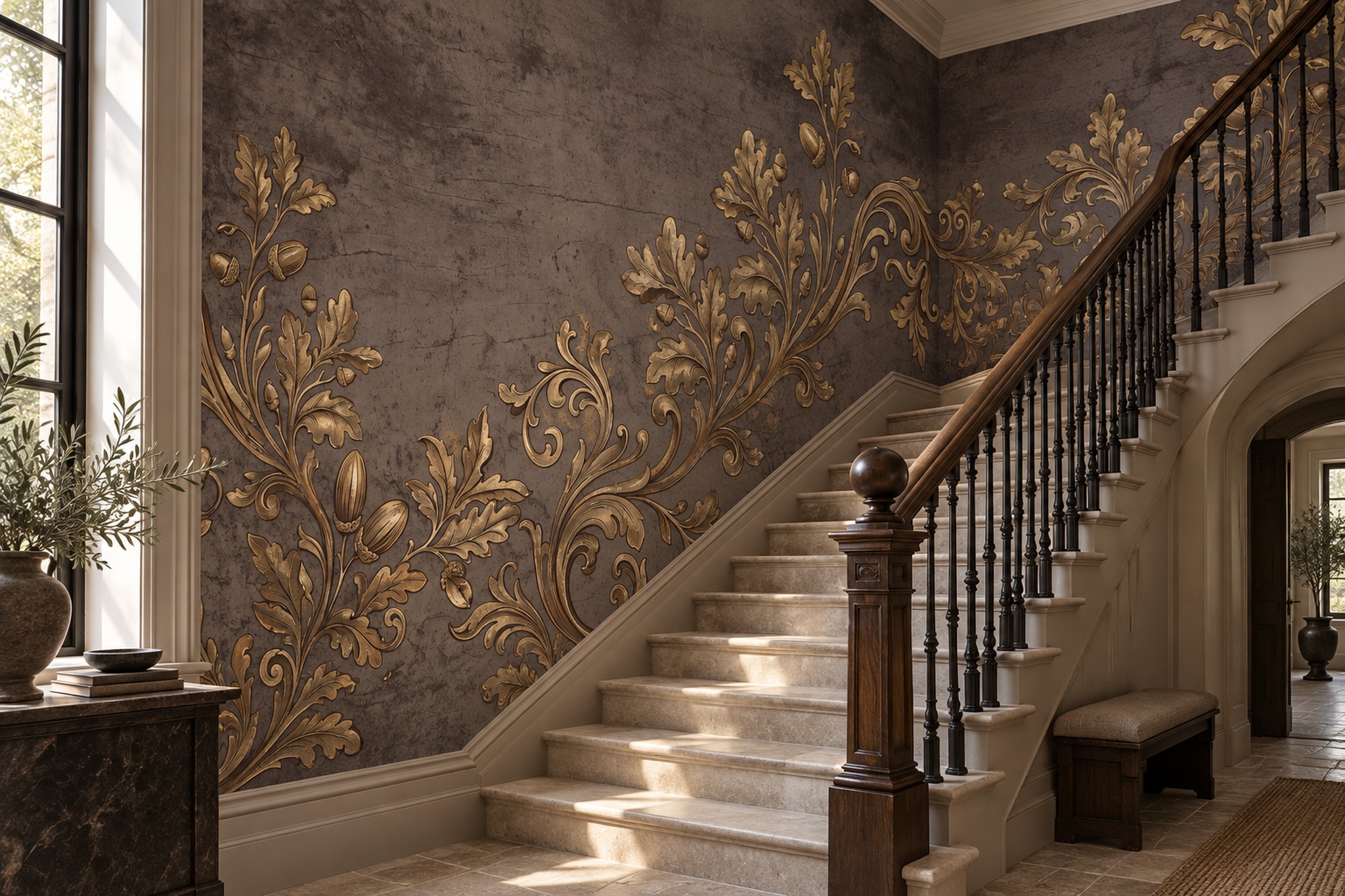 Dark Gold Botanical Damask Wallpaper Mural — Wallpaper Mural Design, Peel-and-stick Finish