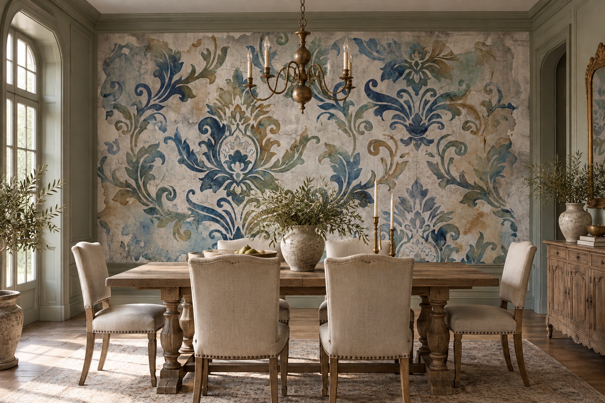 Blue Pattern Decorative Wallpaper Mural Layered Damask Wallpaper Mural Dining-room-wallpaper-murals, Peel-and-stick Finish