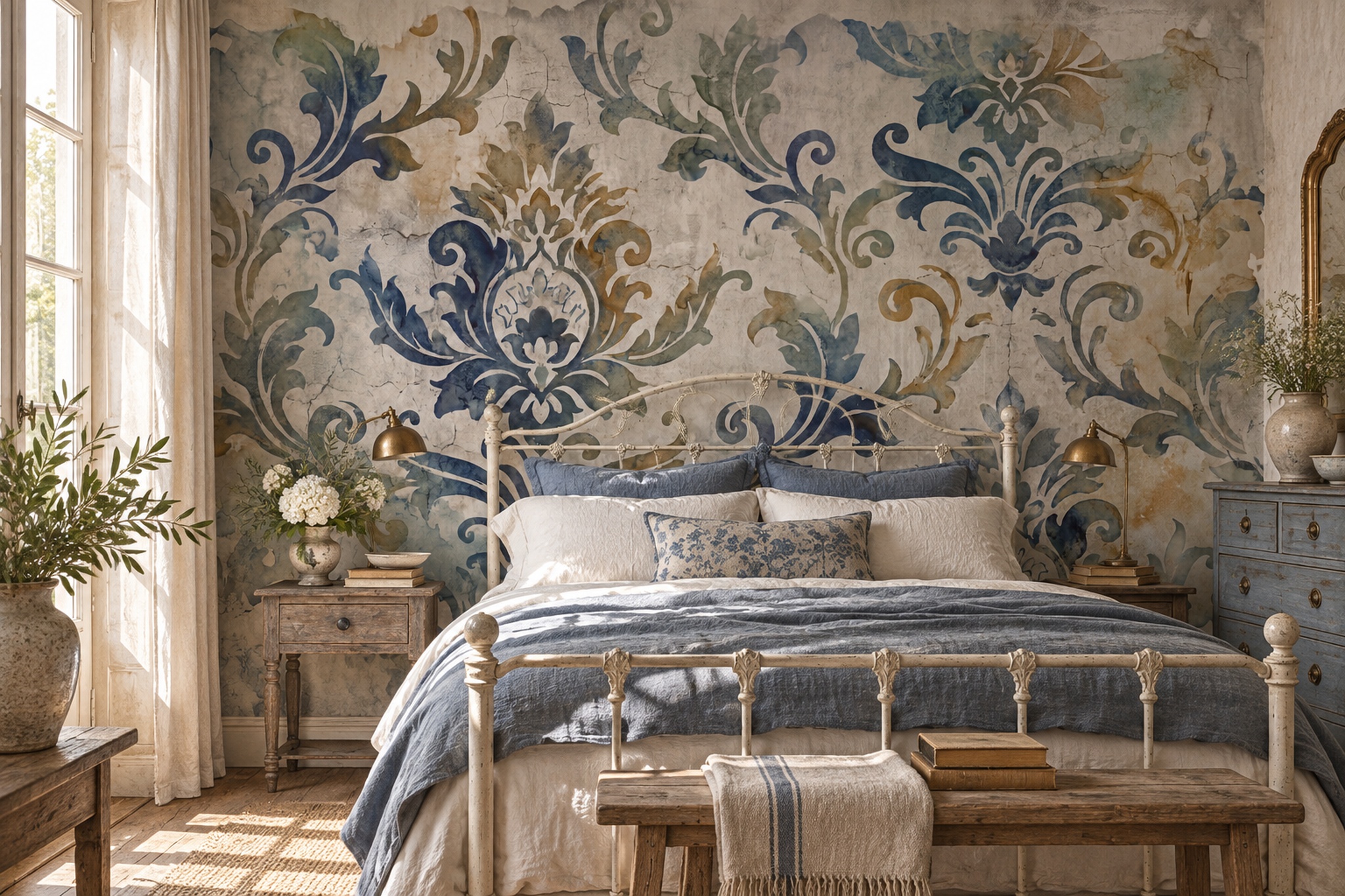 Blue Pattern Decorative Wallpaper Mural Layered Damask Wallpaper Mural Bedroom-wallpaper-murals, Peel-and-stick Finish