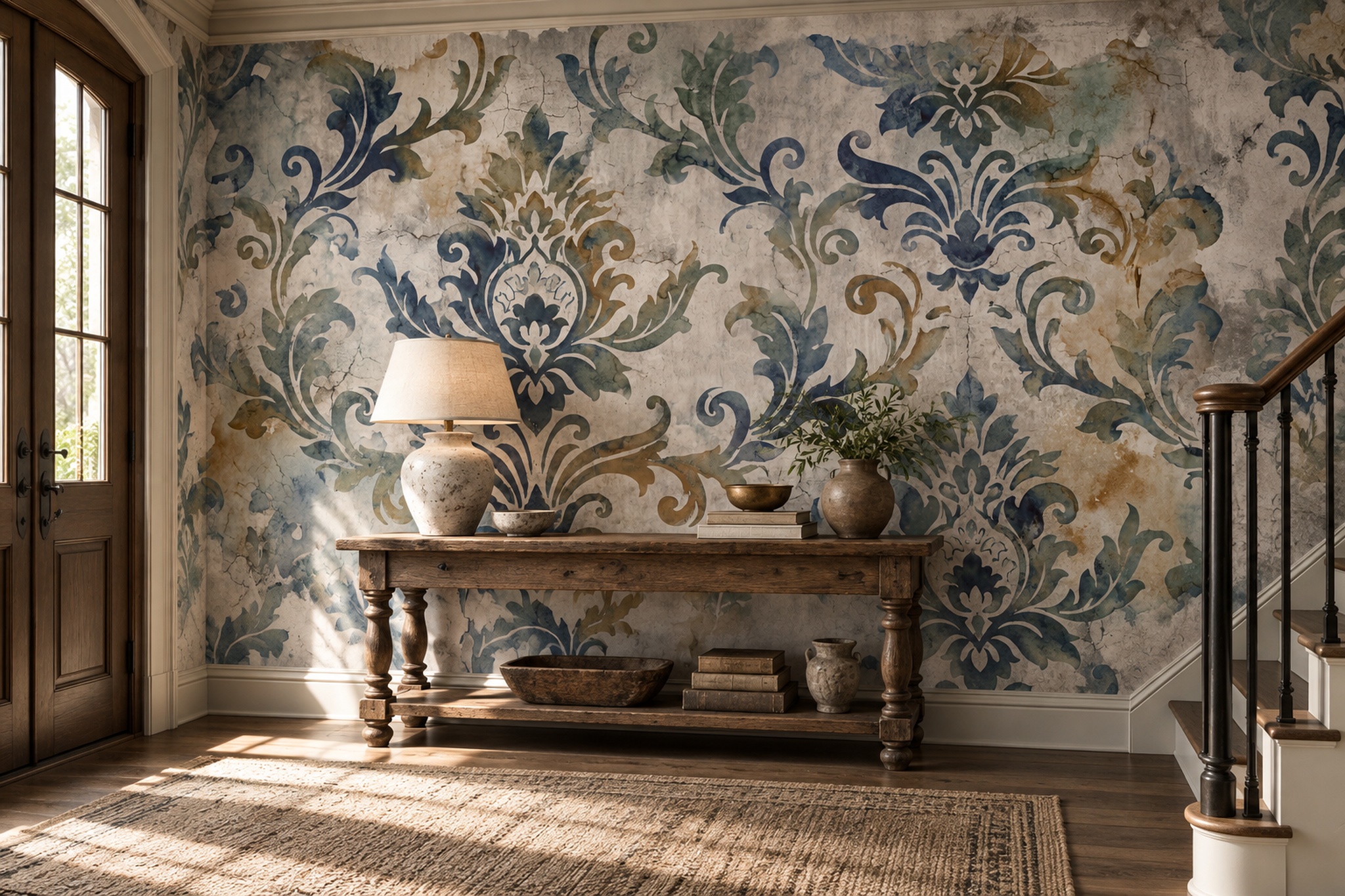 Blue Pattern Decorative Wallpaper Mural Layered Damask Wallpaper Mural Bedroom-wallpaper-murals, Peel-and-stick Finish