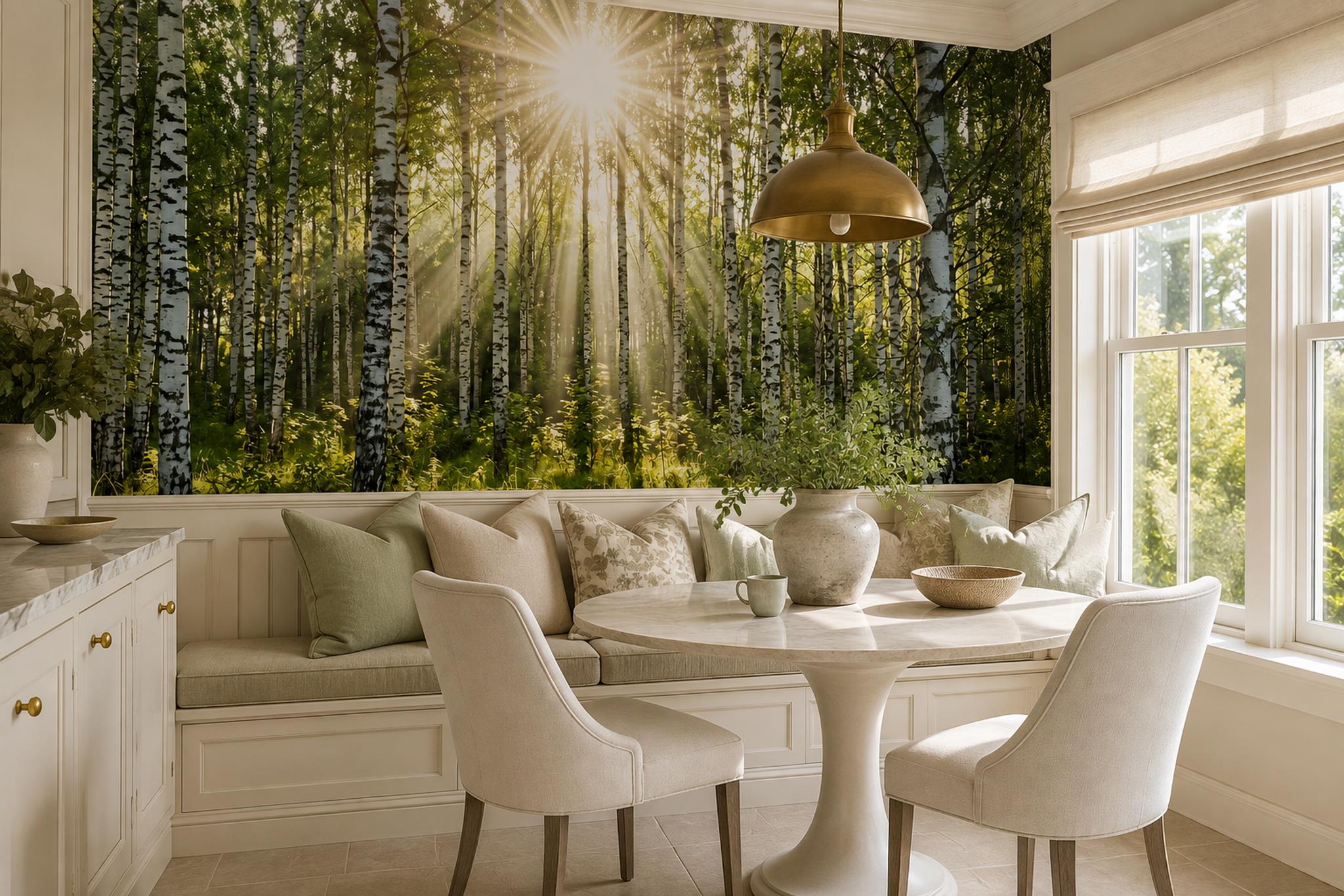 Tan And Neutral Abstract Forms Wallpaper Mural Dining-room-wallpaper-murals, Shown In A Dining Room, Peel-and-stick Finish
