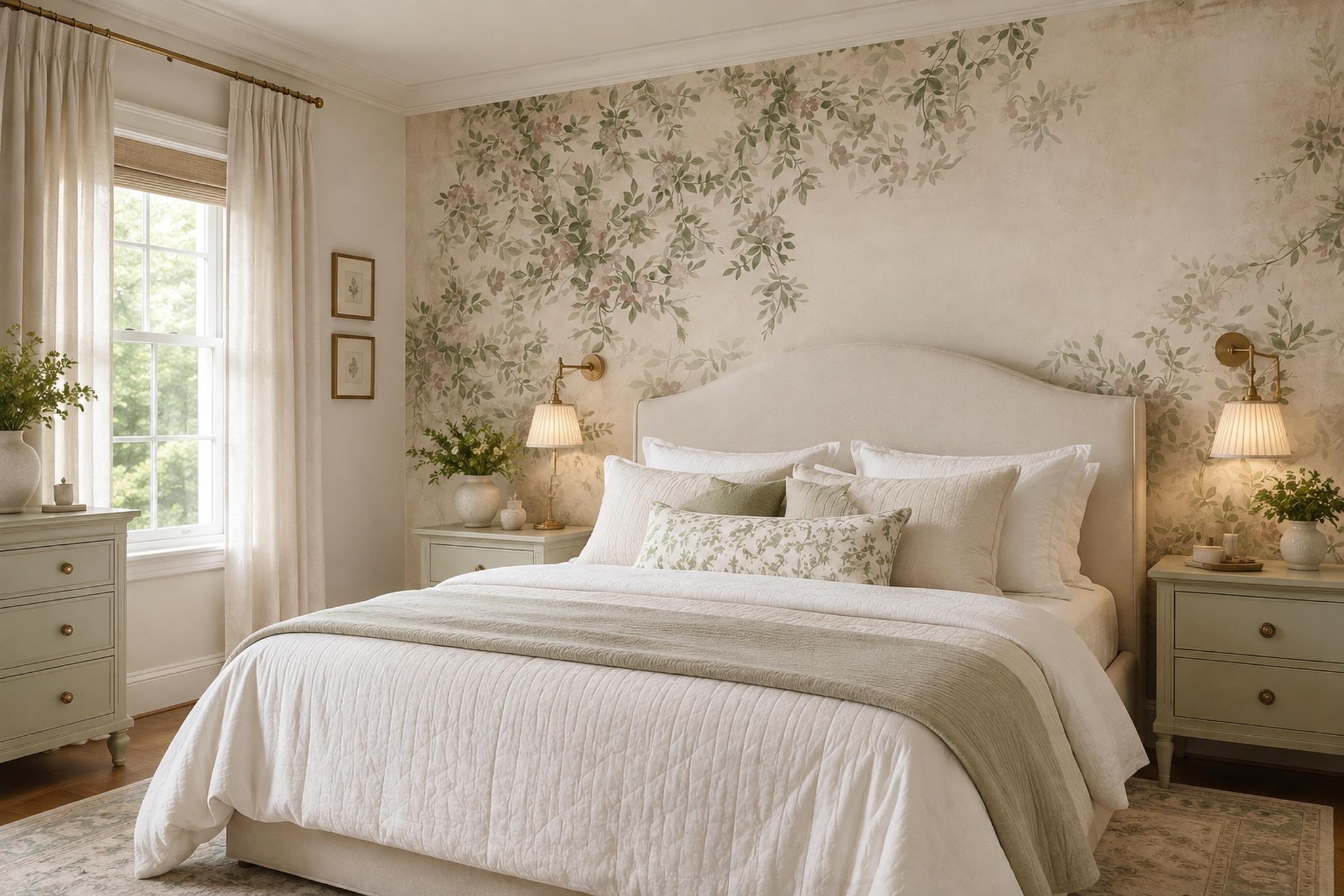 Soft Sage And Blush Floral Branches Wallpaper Mural — Installed Wallpaper Mural In A Bedroom, Peel-and-stick Finish