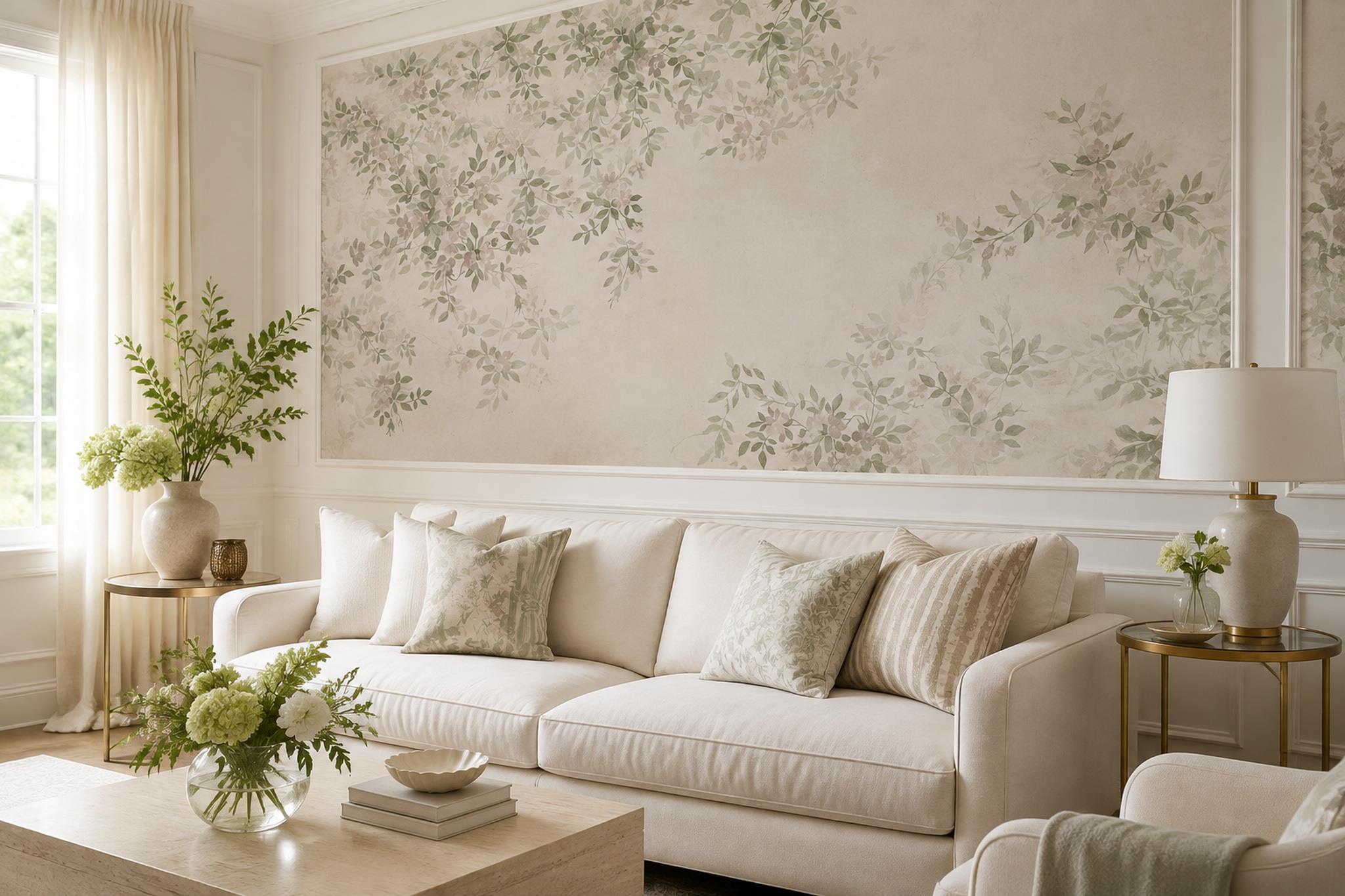Tan And Neutral Abstract Forms Decorative Wallpaper Mural Living-room-wallpaper-murals, Shown In A Living Room, Peel-and-stick Finish
