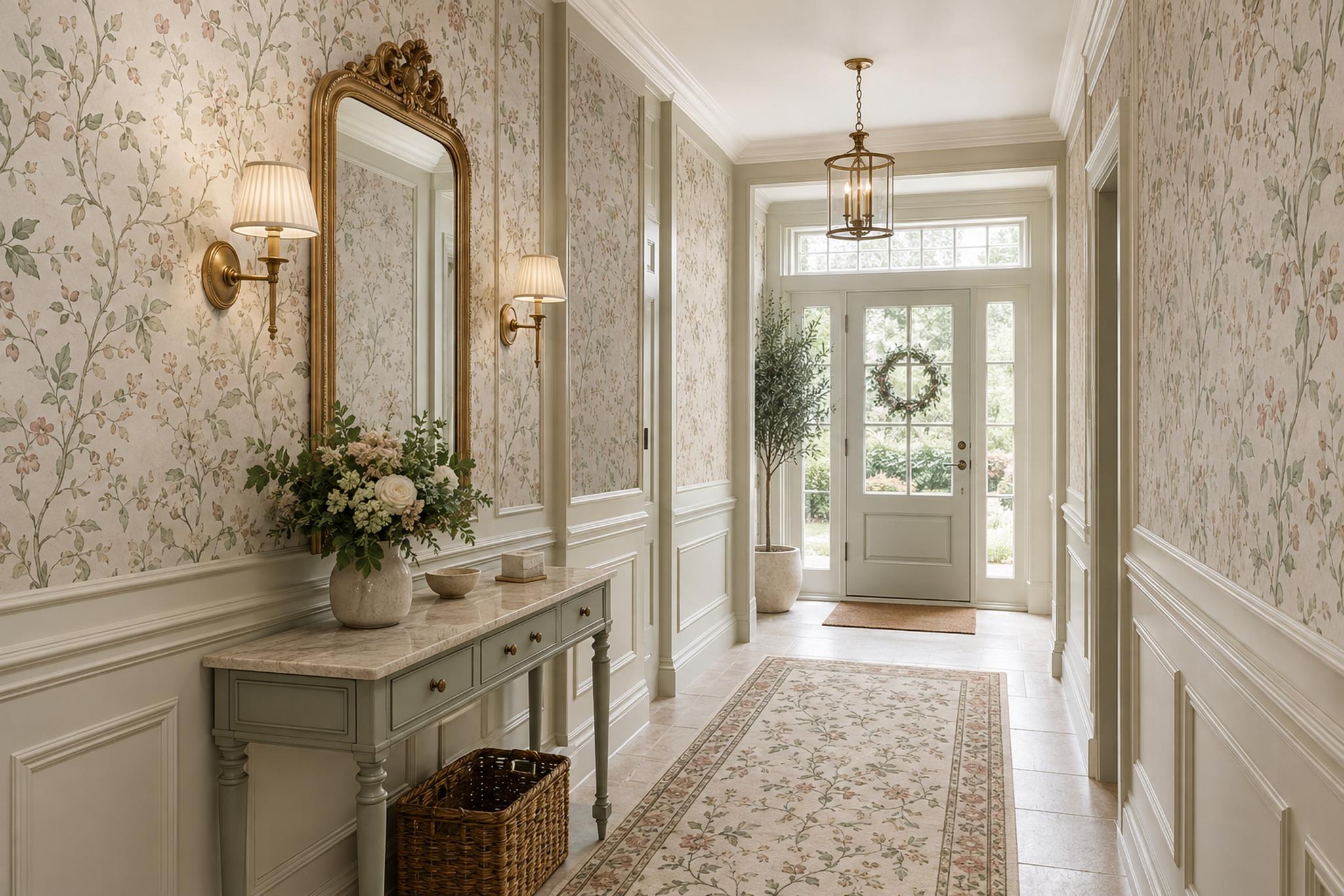 Muted Sage And Blush Botanical Vine Wallpaper Mural — Installed Wallpaper Mural In A Entryway, Peel-and-stick Finish