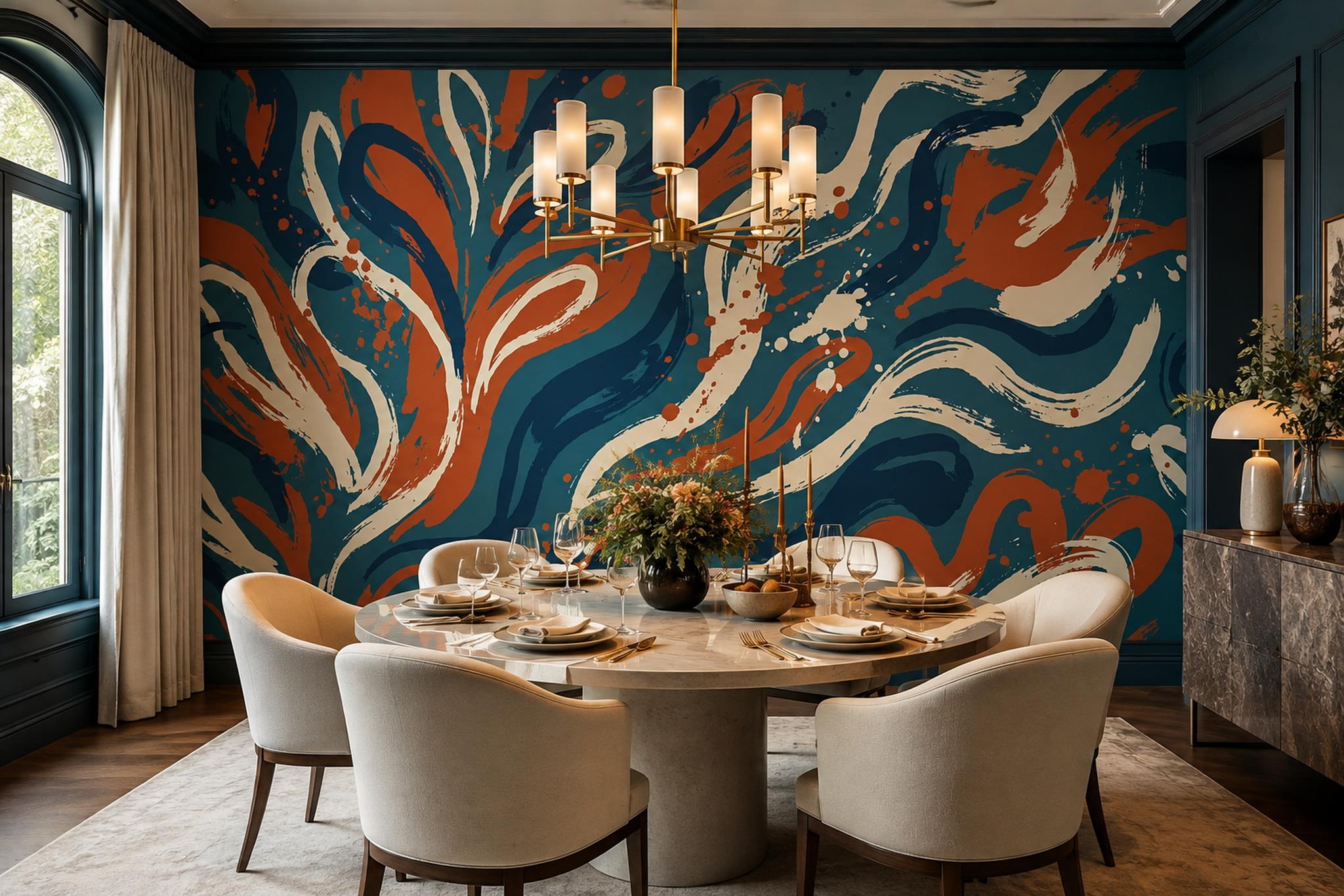 Tan And Neutral Abstract Forms Layered Wallpaper Mural Dining-room-wallpaper-murals, Shown In A Dining Room, Peel-and-stick Finish