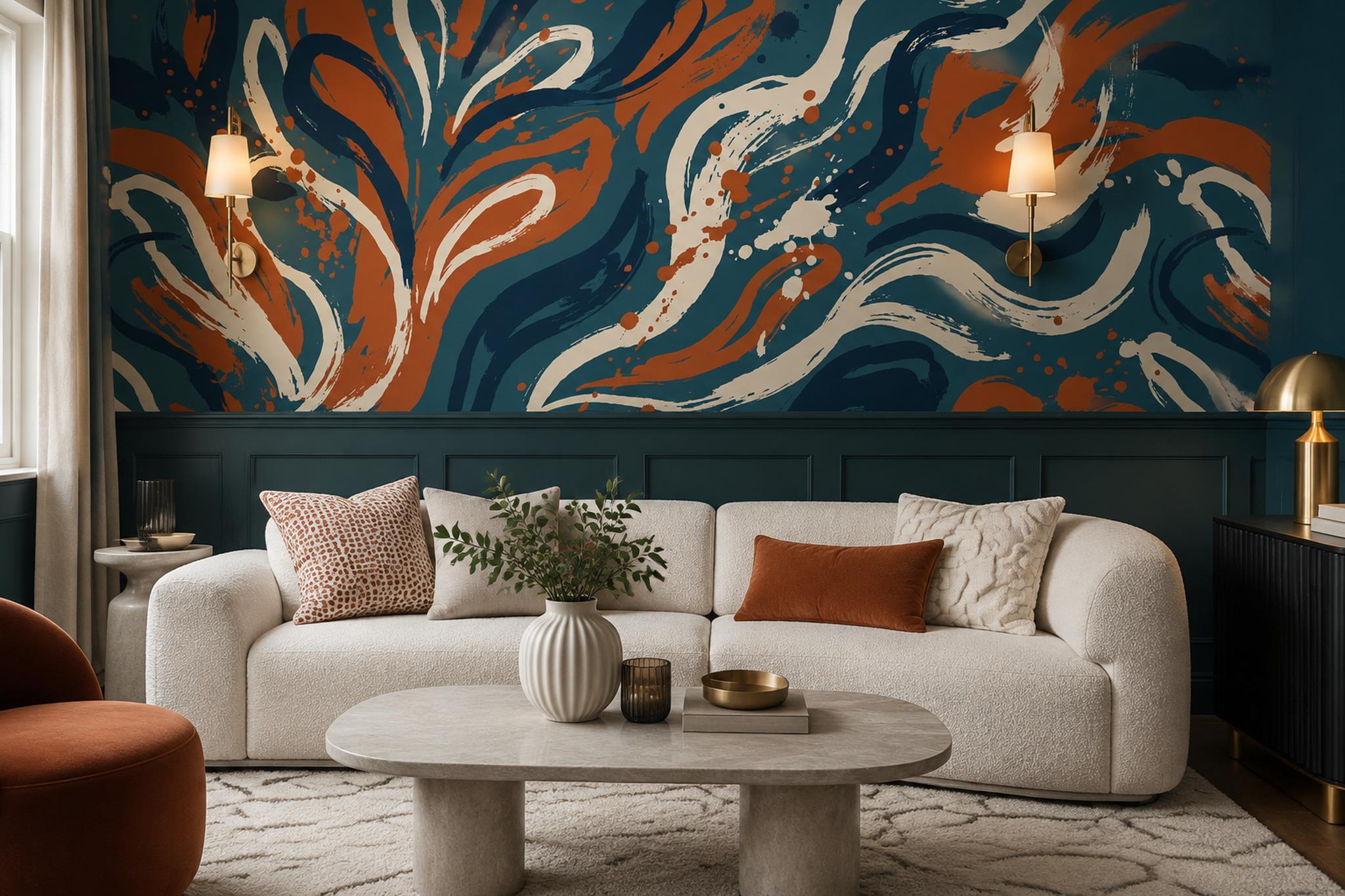 Tan And Neutral Abstract Forms Layered Wallpaper Mural Living-room-wallpaper-murals, Shown In A Living Room, Peel-and-stick Finish
