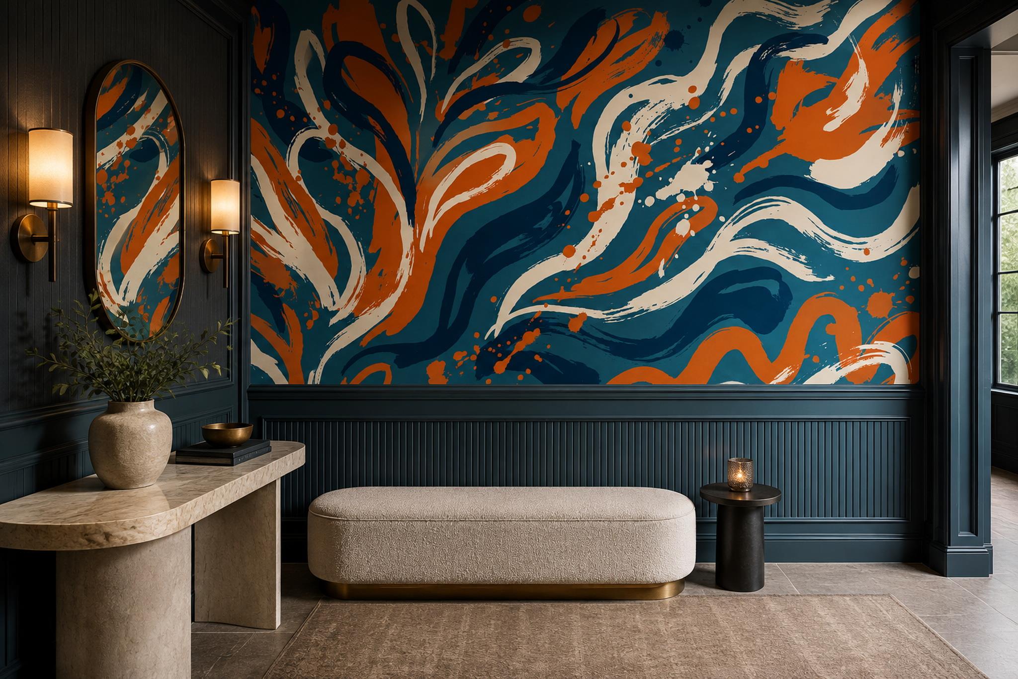 Terracotta And Teal Abstract Leaf Brushstroke Wallpaper Mural — Wallpaper Mural Design, Peel-and-stick Finish
