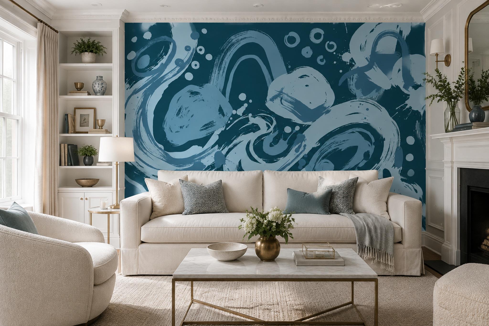 Tan And Neutral Abstract Forms Organic Wallpaper Mural Living-room-wallpaper-murals, Peel-and-stick Finish