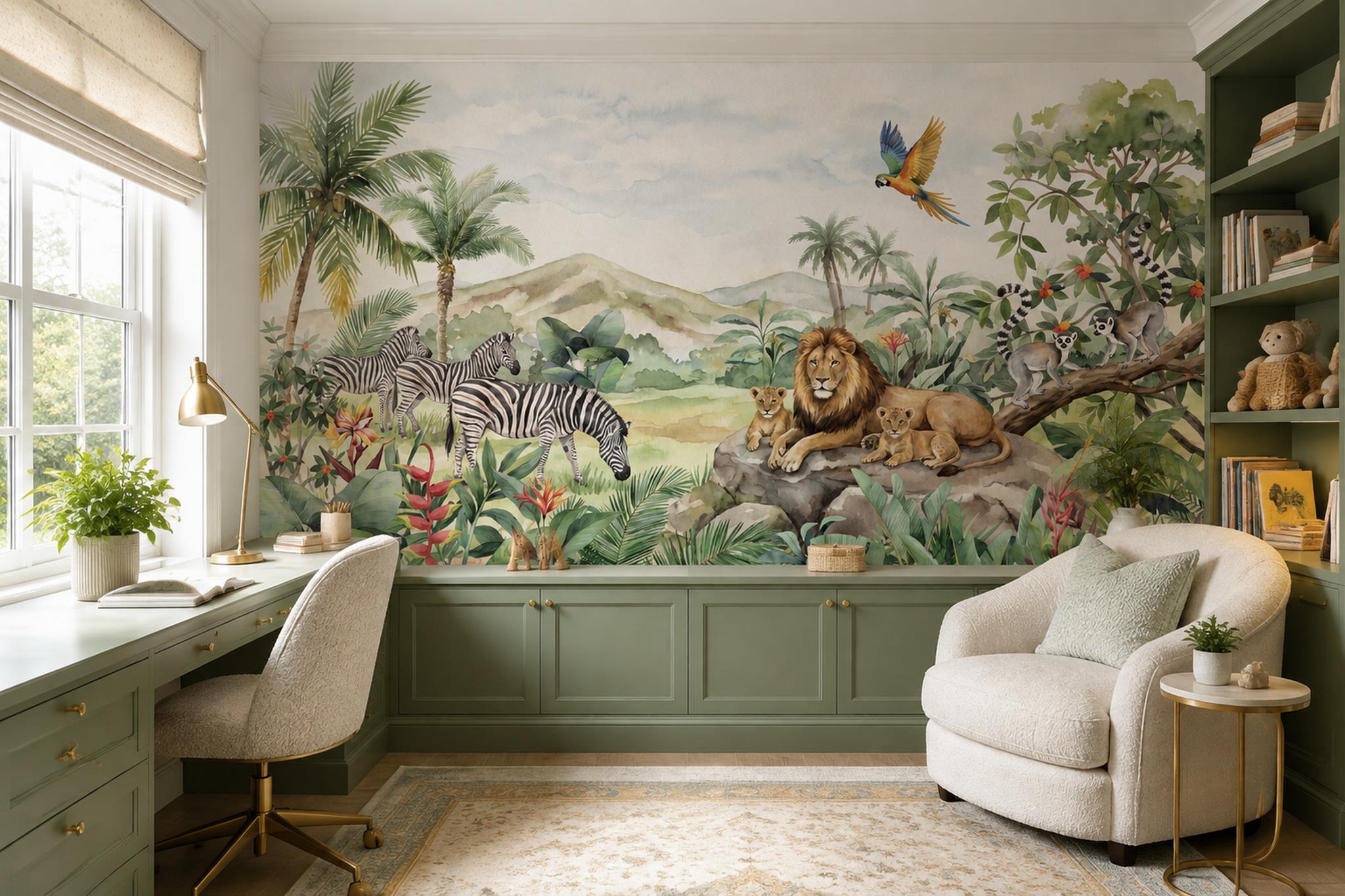 Watercolour Safari Animals In Tropical Foliage Wallpaper Mural — Wallpaper Mural Design, Peel-and-stick Finish