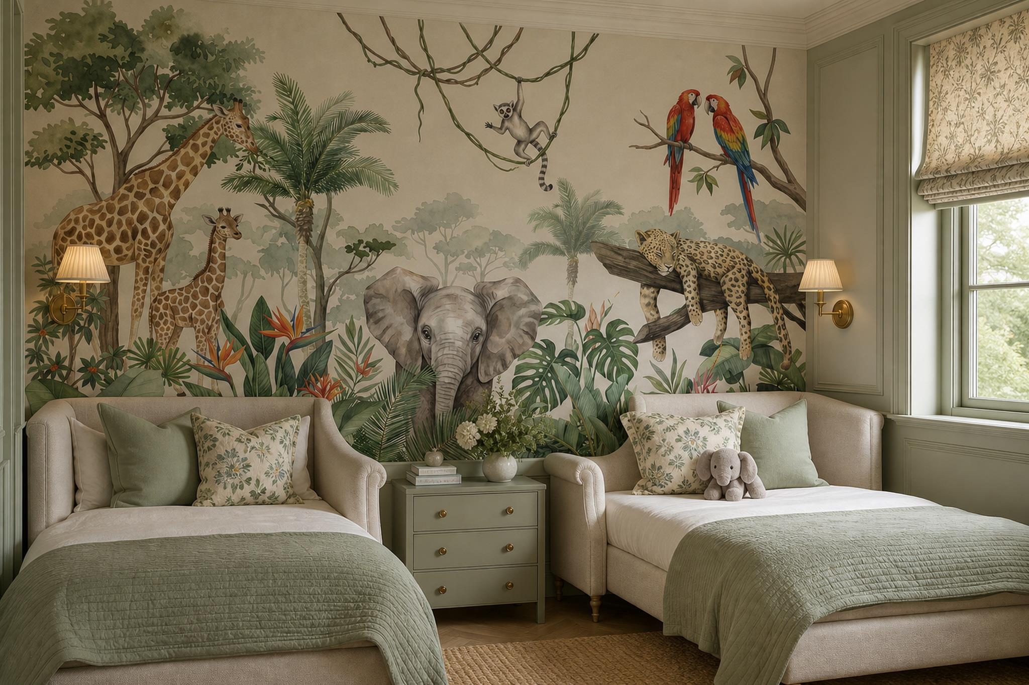 Giraffes, Elephant And Macaws Safari Wallpaper Mural — Wallpaper Mural Design, Peel-and-stick Finish