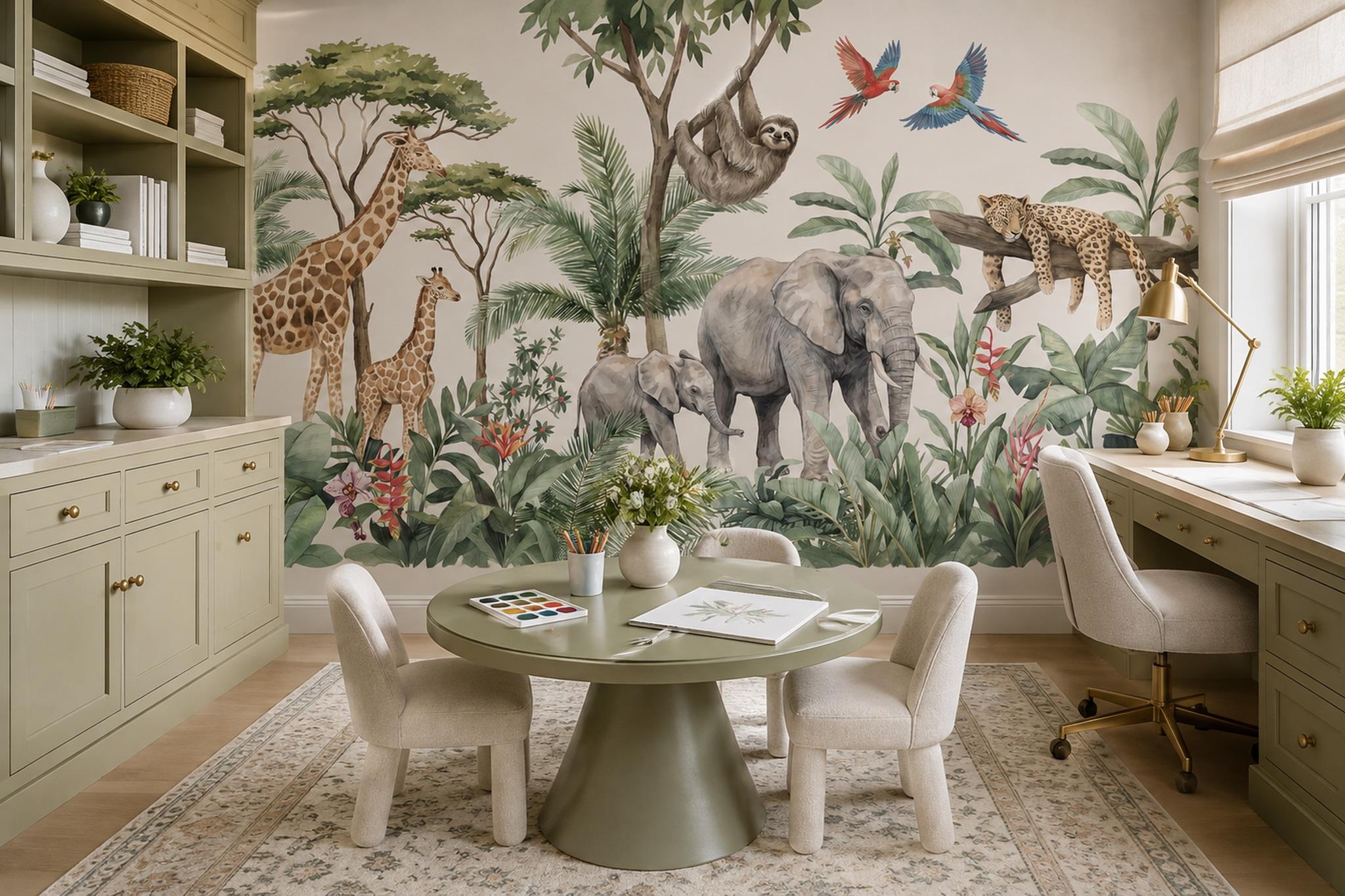 Giraffes And Elephants Watercolour Safari Wallpaper Mural — Wallpaper Mural Design, Peel-and-stick Finish