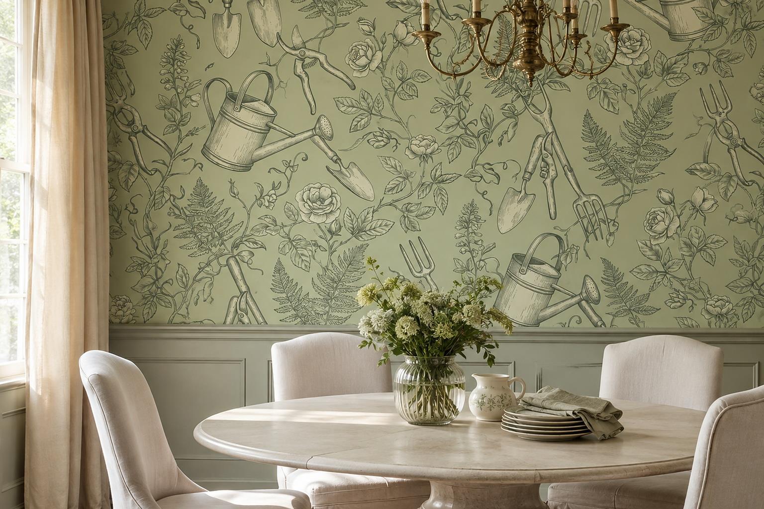 Sage Green Botanical Toile Wallpaper Mural — Wallpaper Mural Design, Peel-and-stick Finish