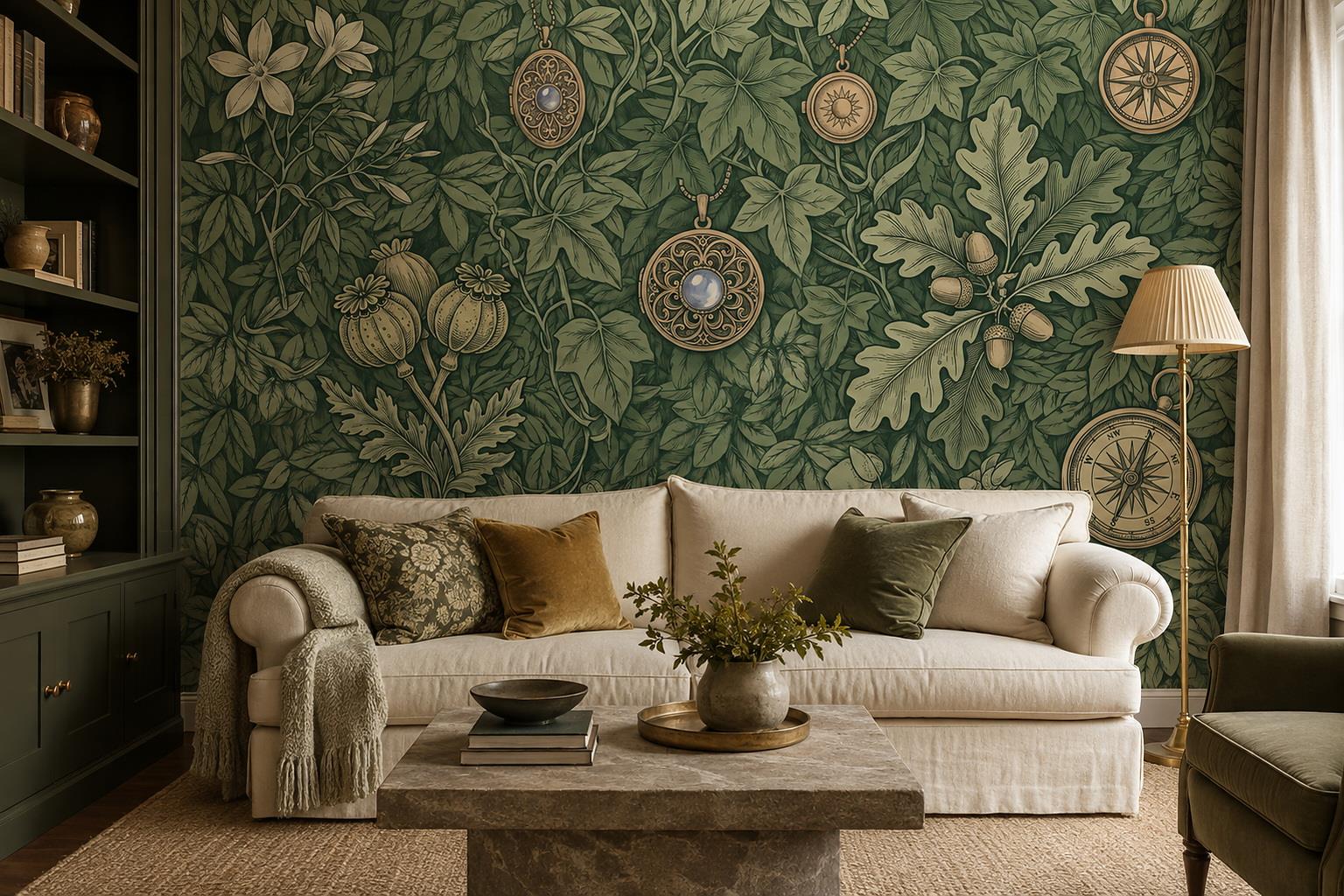 Green Foliage And Gold Botanical Medallions Wallpaper Mural — Wallpaper Mural Design, Peel-and-stick Finish