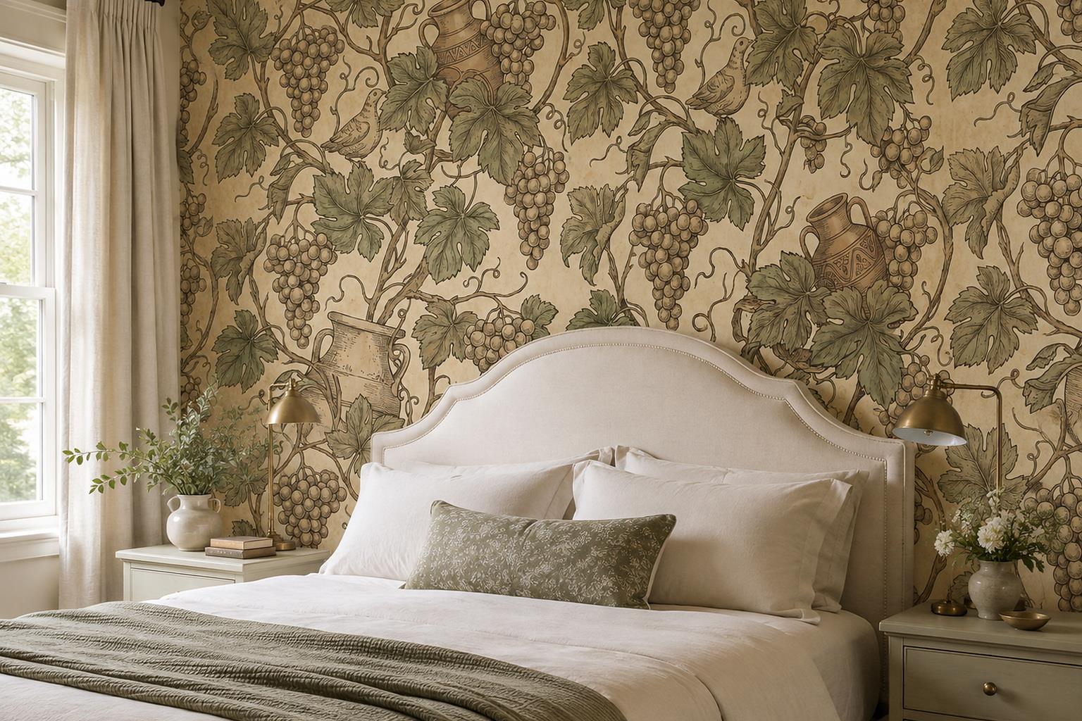 Vintage Grapevines, Birds And Ceramic Vessels Wallpaper Mural — Installed Wallpaper Mural In A Bedroom, Peel-and-stick Finish