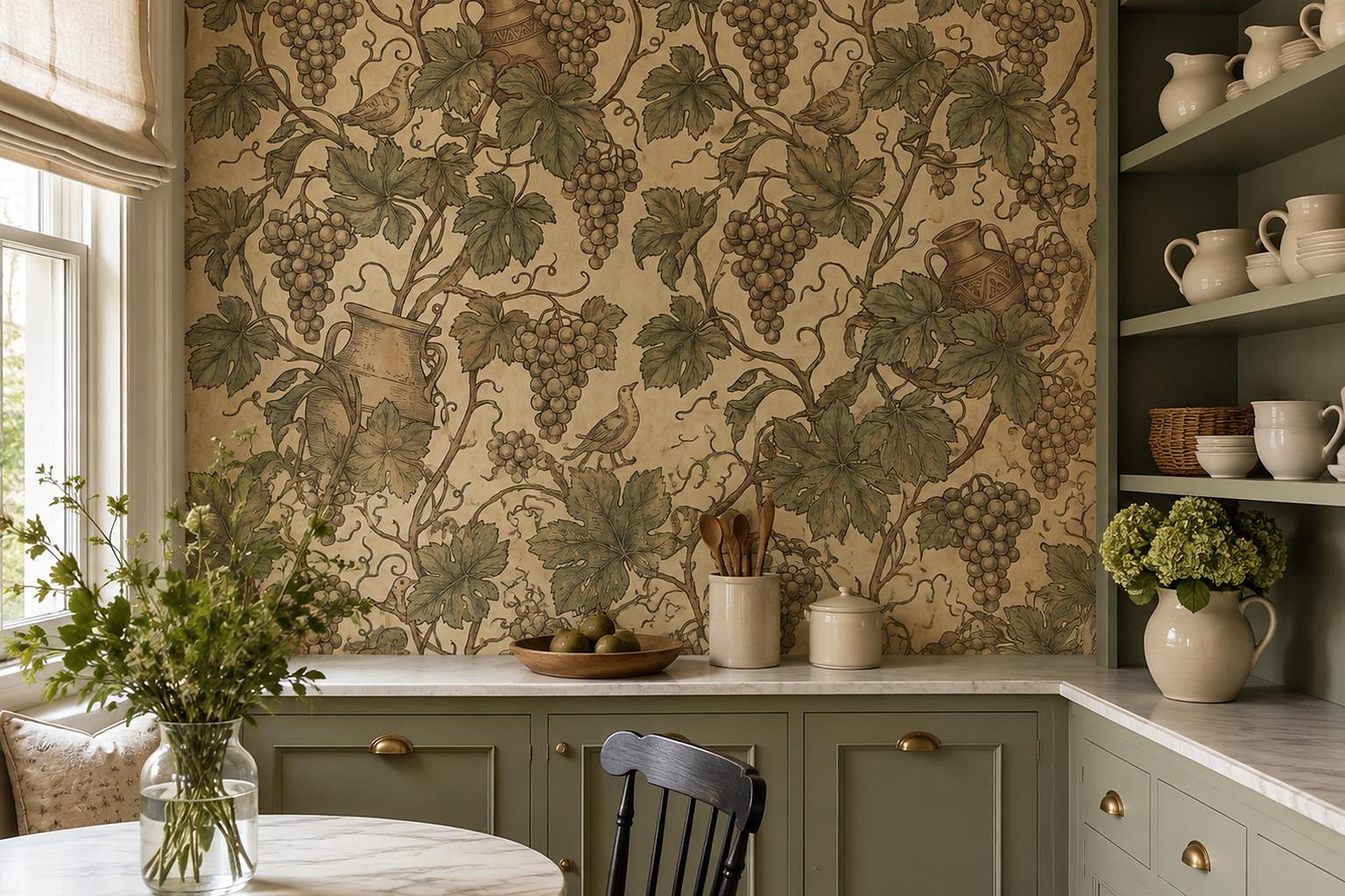 Tan And Neutral Abstract Forms Wallpaper Mural Layered Composition Dining-room-wallpaper-murals, Shown In A Dining Room, Peel-and-stick Finish