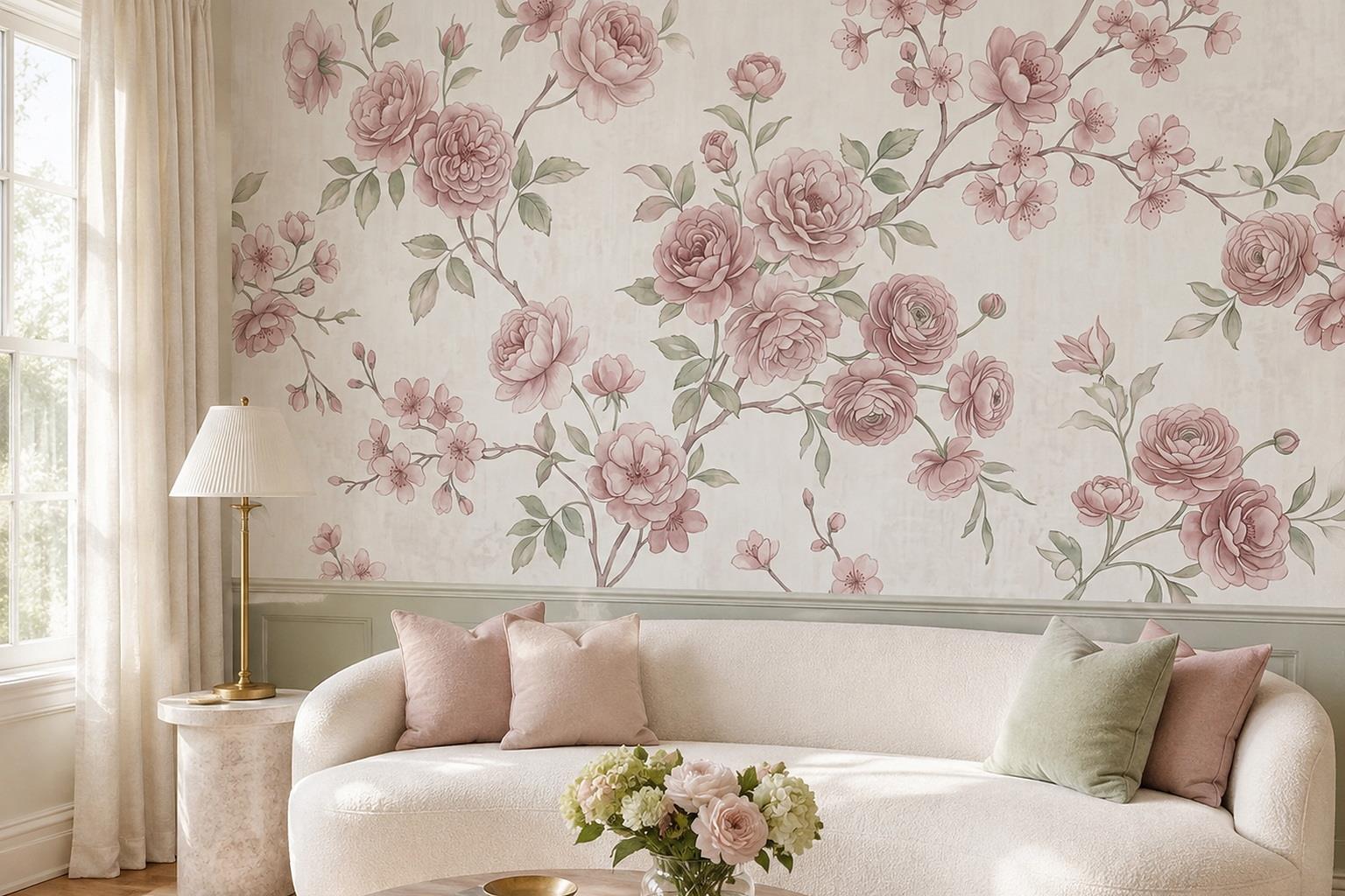 Blush Roses And Cherry Blossom Branches Wallpaper Mural — Wallpaper Mural Design, Peel-and-stick Finish