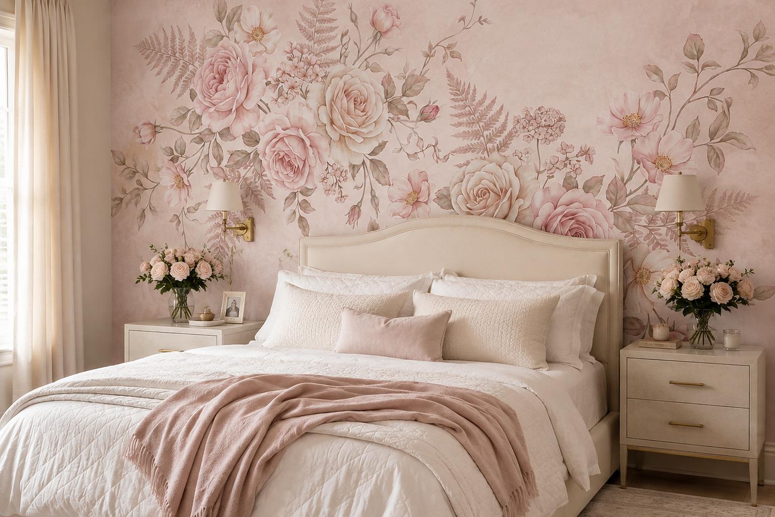 Blush Roses And Ferns Watercolour Wallpaper Mural — Installed Wallpaper Mural In A Bedroom, Peel-and-stick Finish