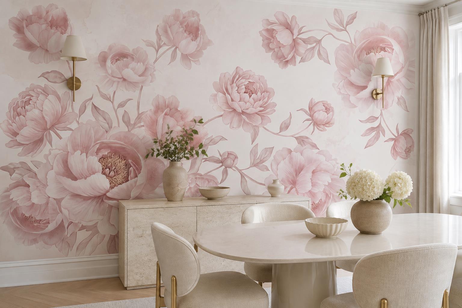 Tan And Neutral Abstract Forms Wallpaper Mural Layered Tones Dining-room-wallpaper-murals, Shown In A Dining Room, Peel-and-stick Finish