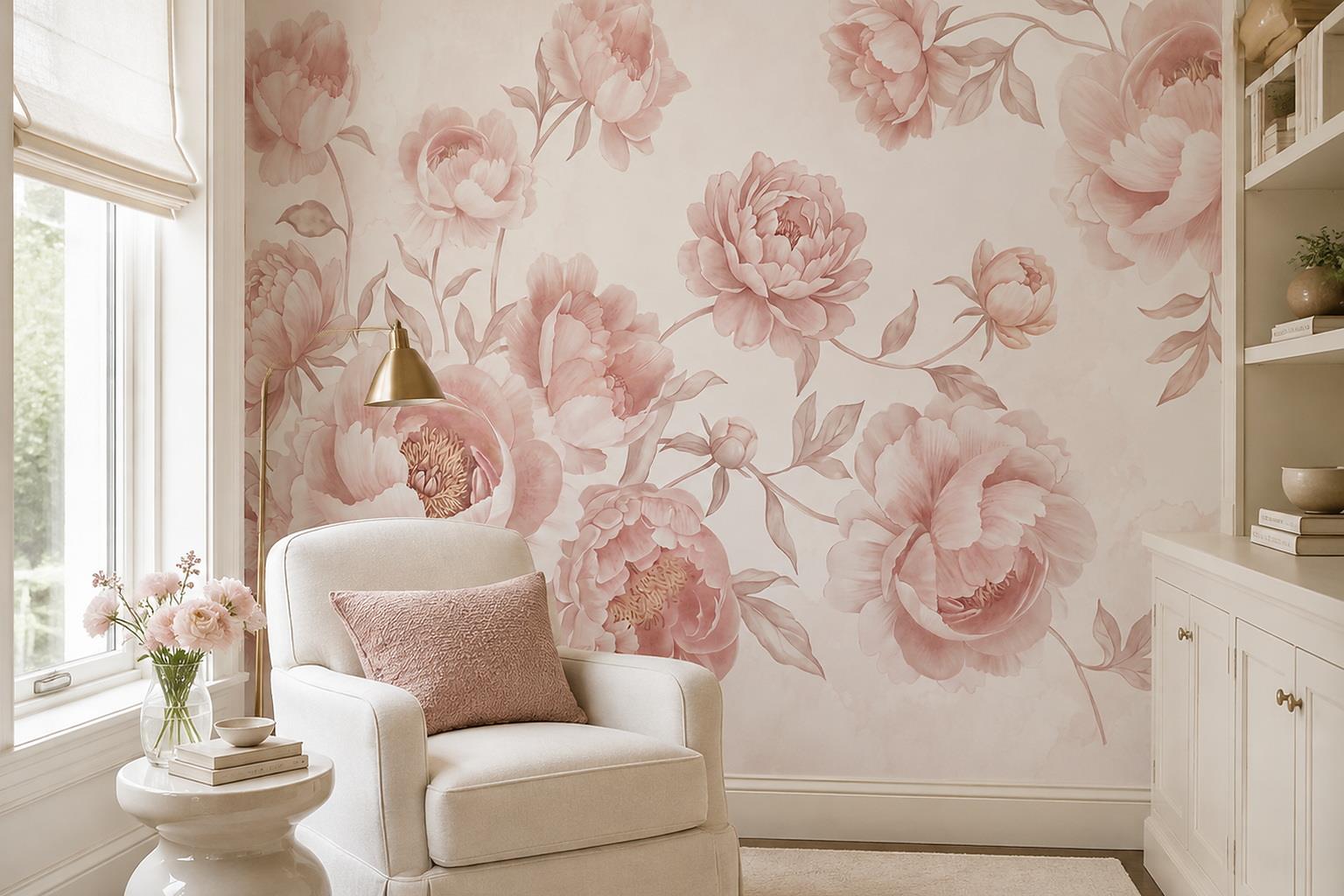 Pale Pink Peony Watercolour Wallpaper Mural — Wallpaper Mural Design, Peel-and-stick Finish