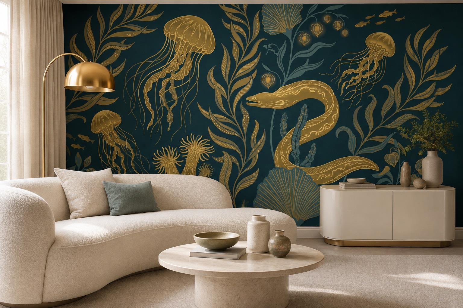 Golden Eel And Jellyfish Underwater Wallpaper Mural — Wallpaper Mural Design, Peel-and-stick Finish