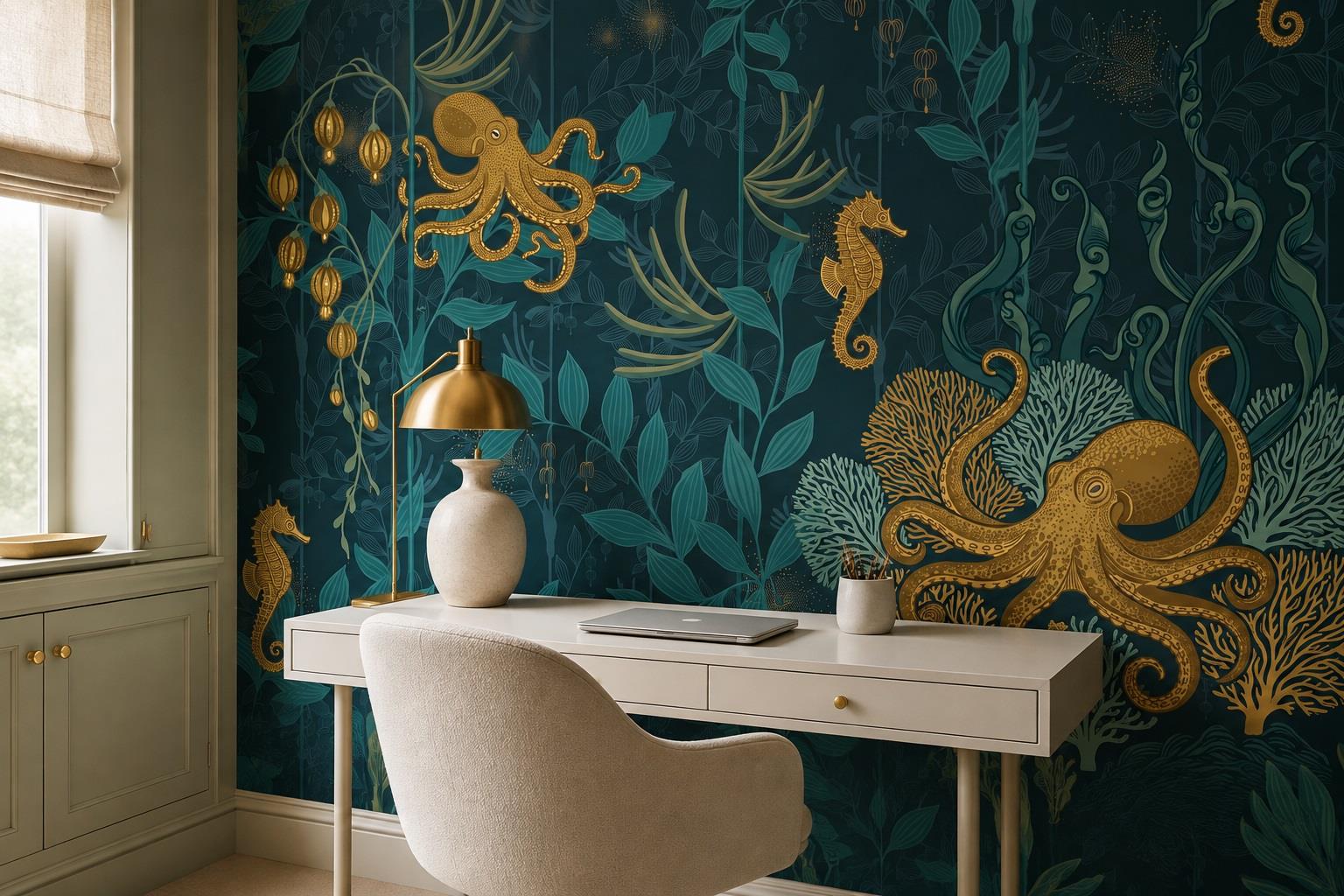Golden Octopus And Seahorses Underwater Wallpaper Mural — Wallpaper Mural Design, Peel-and-stick Finish