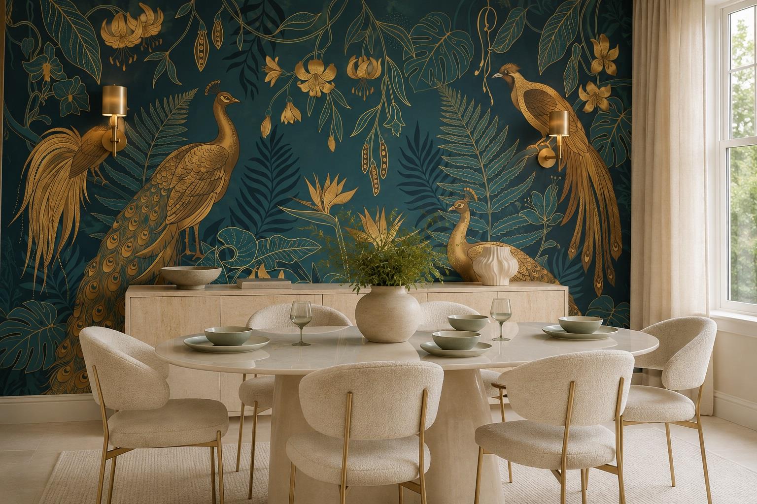 Golden Peacocks On Deep Teal Botanical Wallpaper Mural — Wallpaper Mural Design, Peel-and-stick Finish