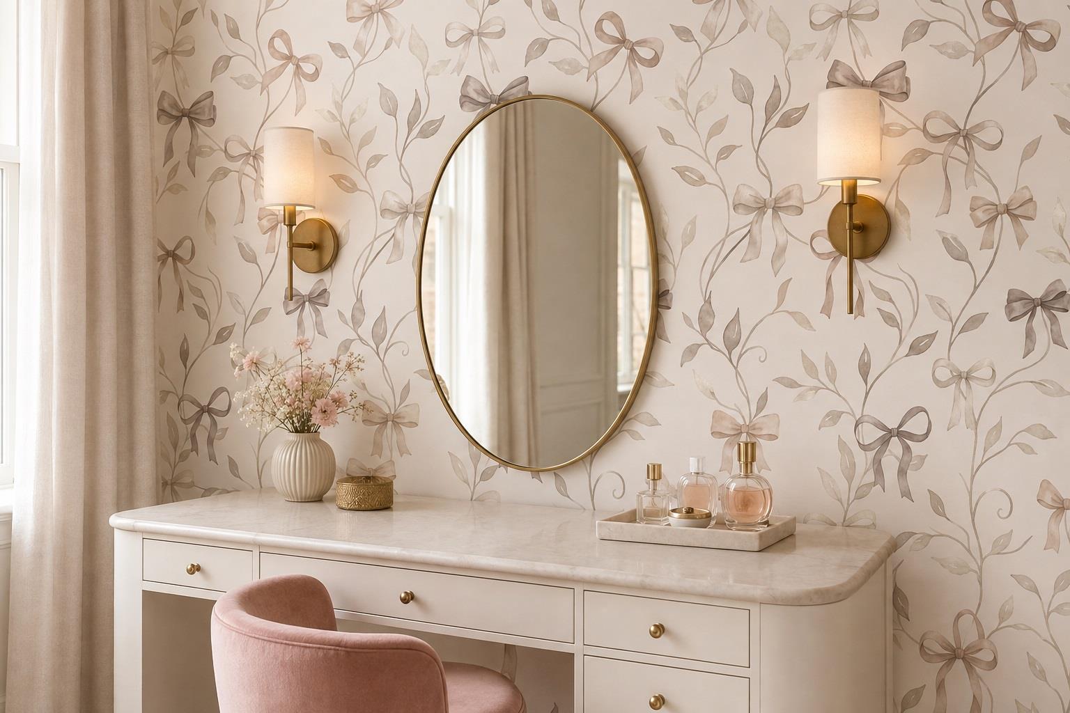 Taupe Bows And Climbing Vines Wallpaper Mural — Wallpaper Mural Design, Peel-and-stick Finish