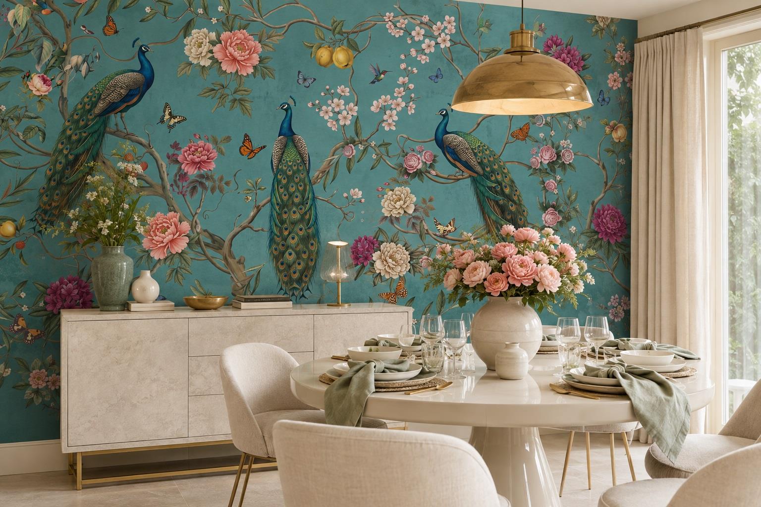 Peacocks, Flowers And Butterflies On Teal Wallpaper Mural — Wallpaper Mural Design, Peel-and-stick Finish