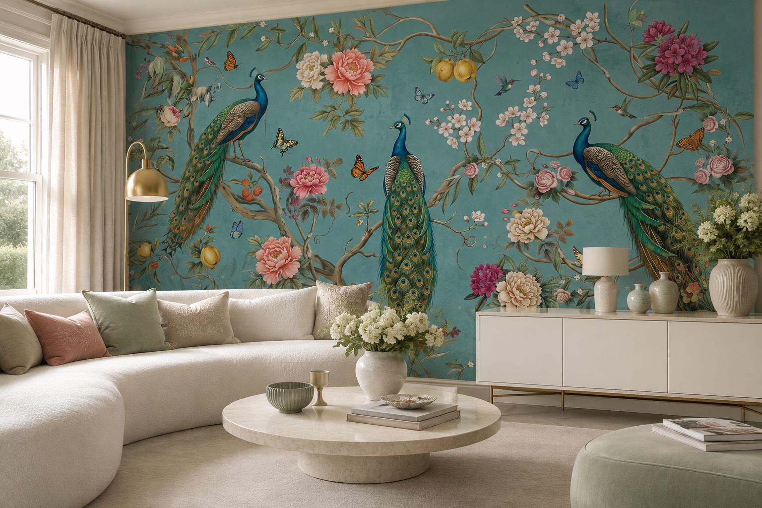 Tan And Neutral Abstract Forms Wallpaper Mural Layered Illustrated Living-room-wallpaper-murals, Shown In A Living Room, Peel-and-stick Finish