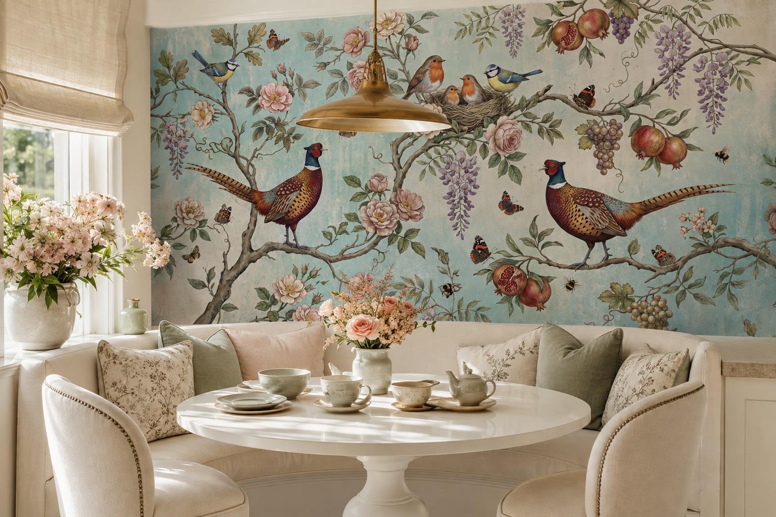 Tan And Neutral Abstract Forms Wallpaper Mural Layered Linear Dining-room-wallpaper-murals, Shown In A Dining Room, Peel-and-stick Finish