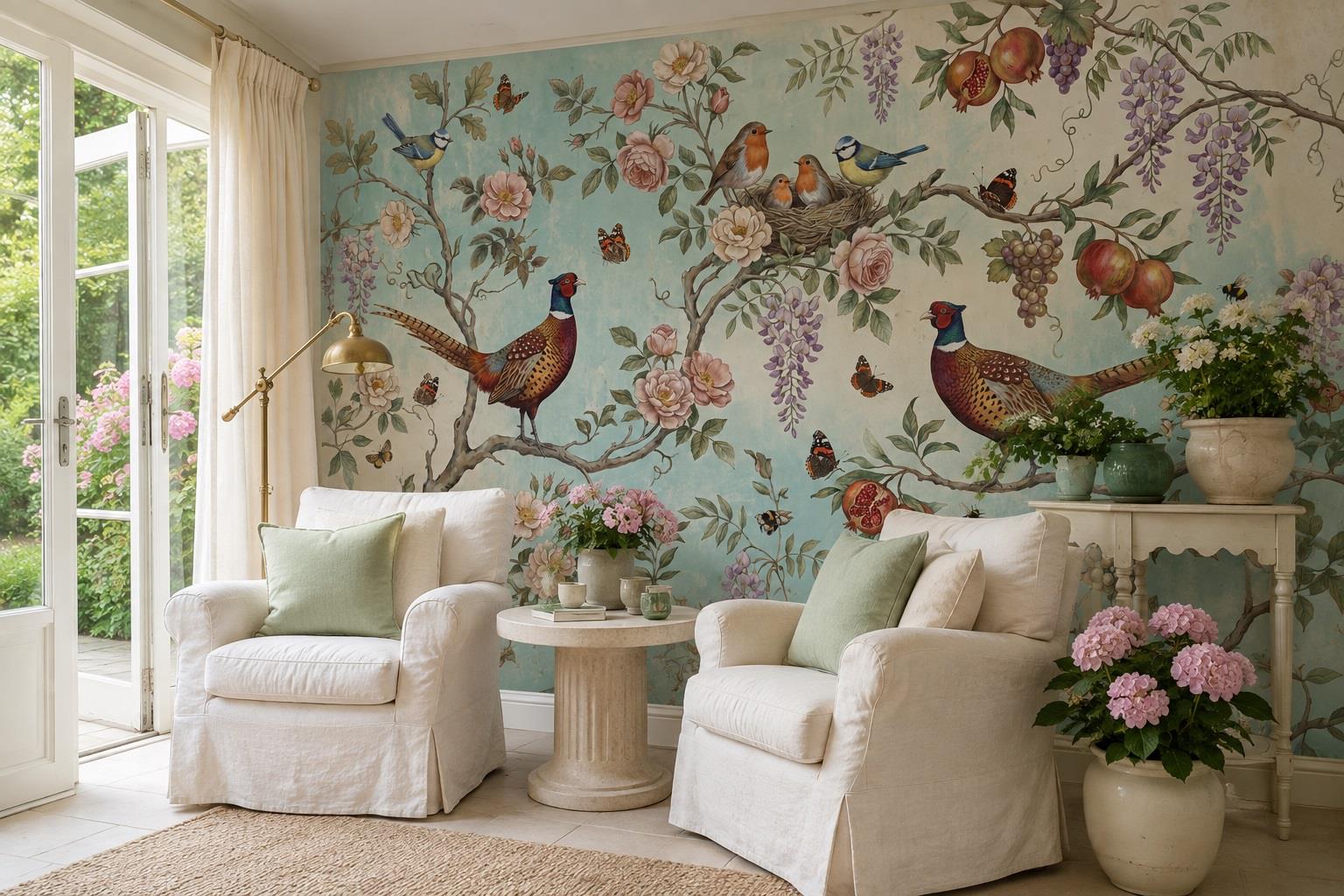 Garden Birds And Blossom Nest Wallpaper Mural — Wallpaper Mural Design, Peel-and-stick Finish