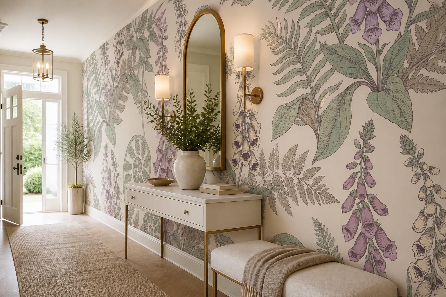 Foxglove And Ferns Wallpaper Mural — Installed Wallpaper Mural In A Entryway, Peel-and-stick Finish
