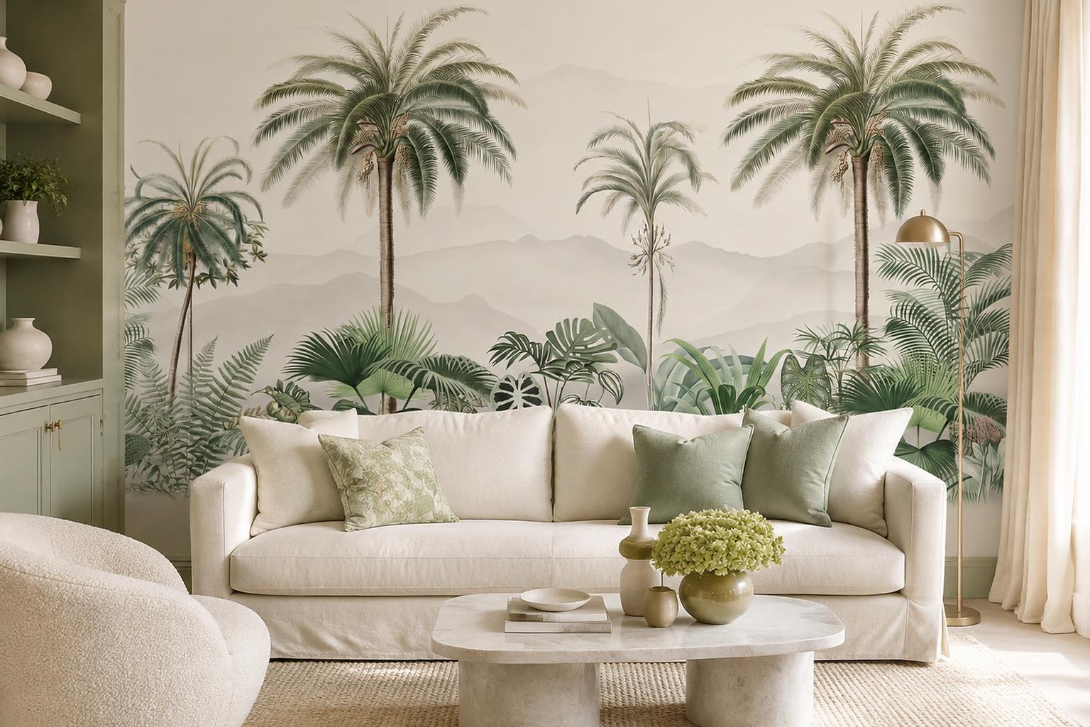 Misty Palm Landscape Wallpaper Mural — Wallpaper Mural Design, Peel-and-stick Finish