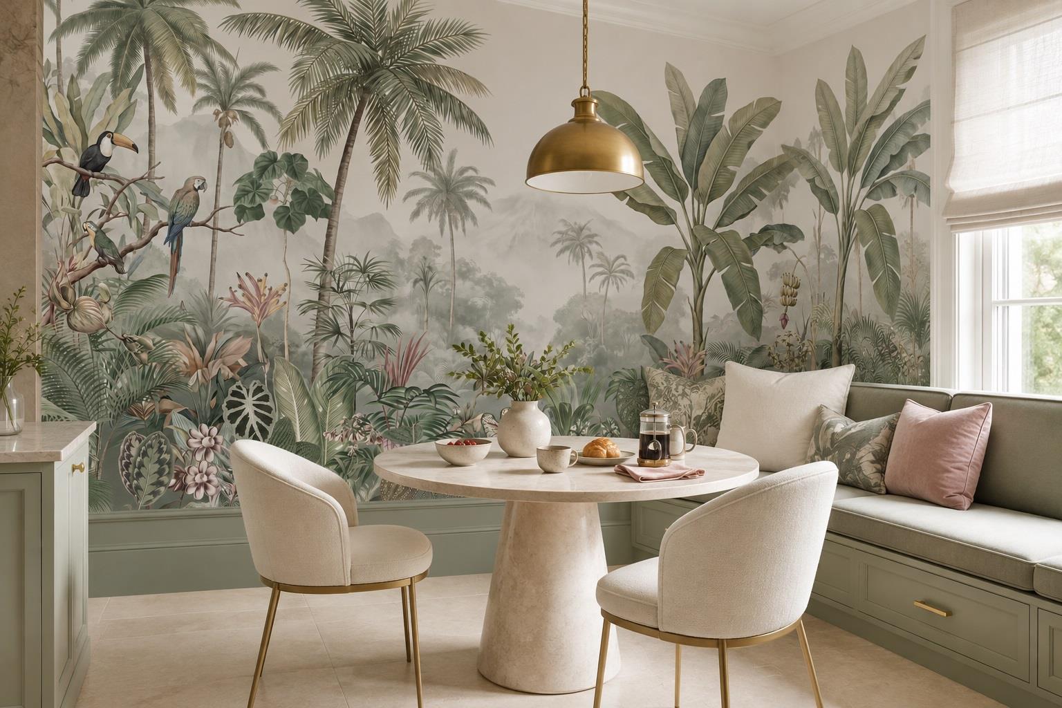 Tan And Neutral Abstract Forms Wallpaper Mural Layered Detail Dining-room-wallpaper-murals, Shown In A Dining Room, Peel-and-stick Finish