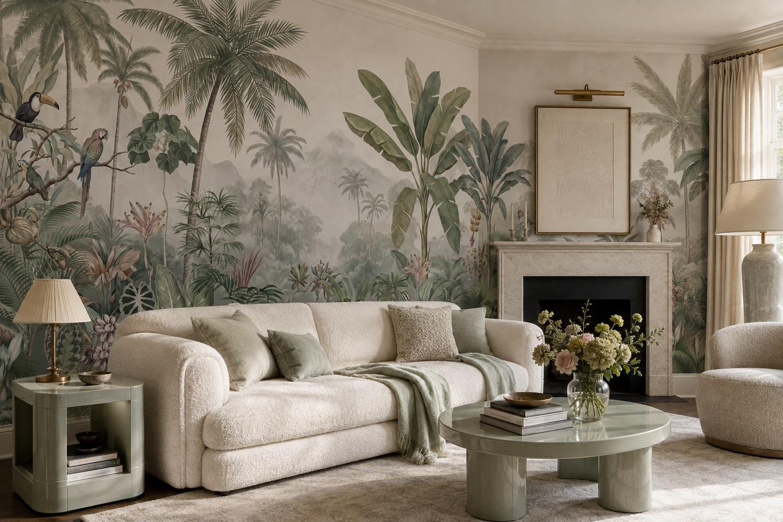 Tan And Neutral Abstract Forms Wallpaper Mural Layered Detail Living-room-wallpaper-murals, Shown In A Living Room, Peel-and-stick Finish
